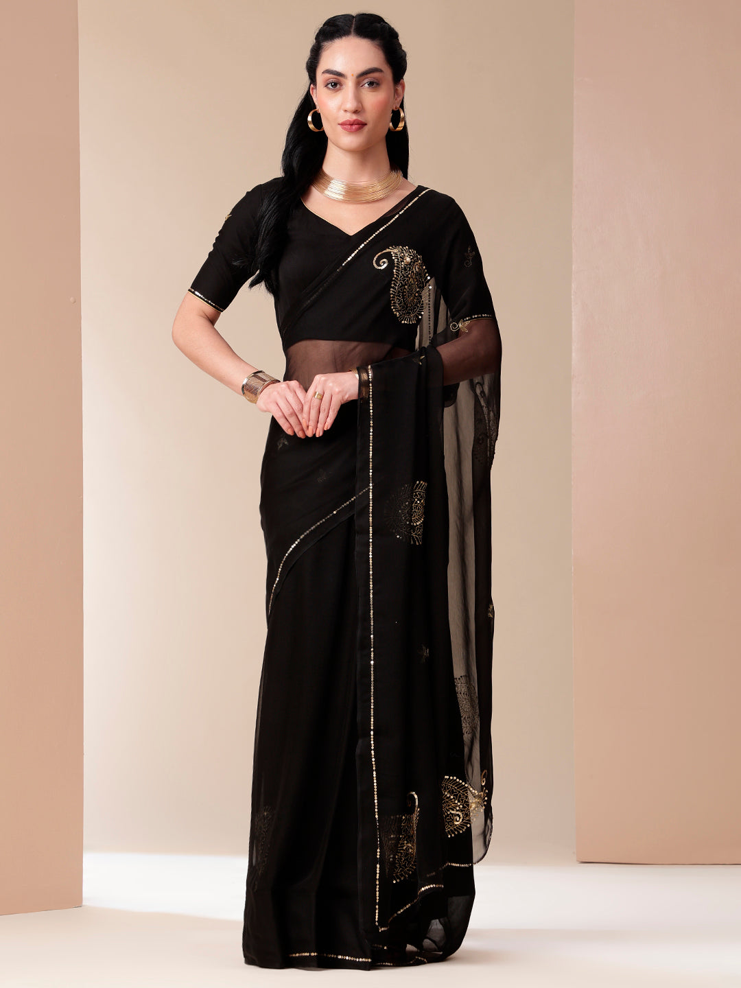 Starry Night Black Sequin Chiffon Saree - Party Wear Dresses