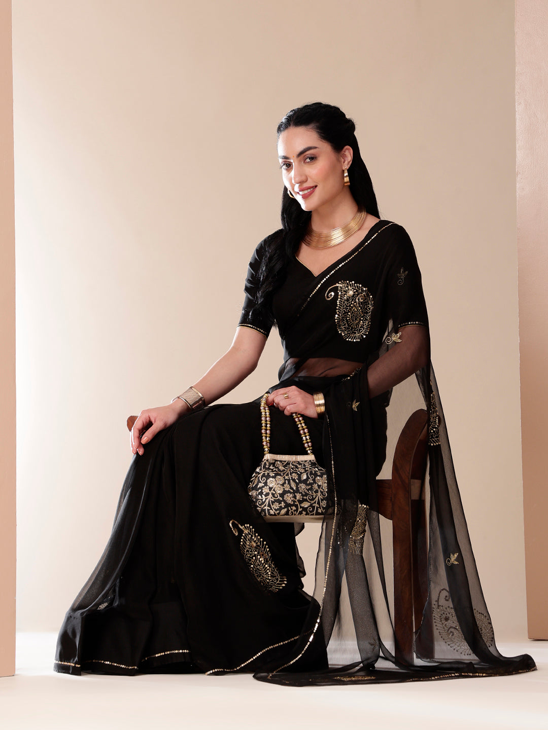 Starry Night Black Sequin Chiffon Saree - Party Wear Dresses
