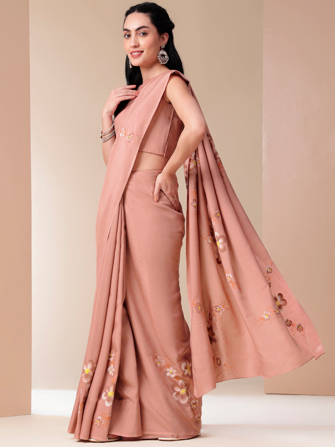 Tender Strokes Pink Floral Handpainted Cotton Saree for Women