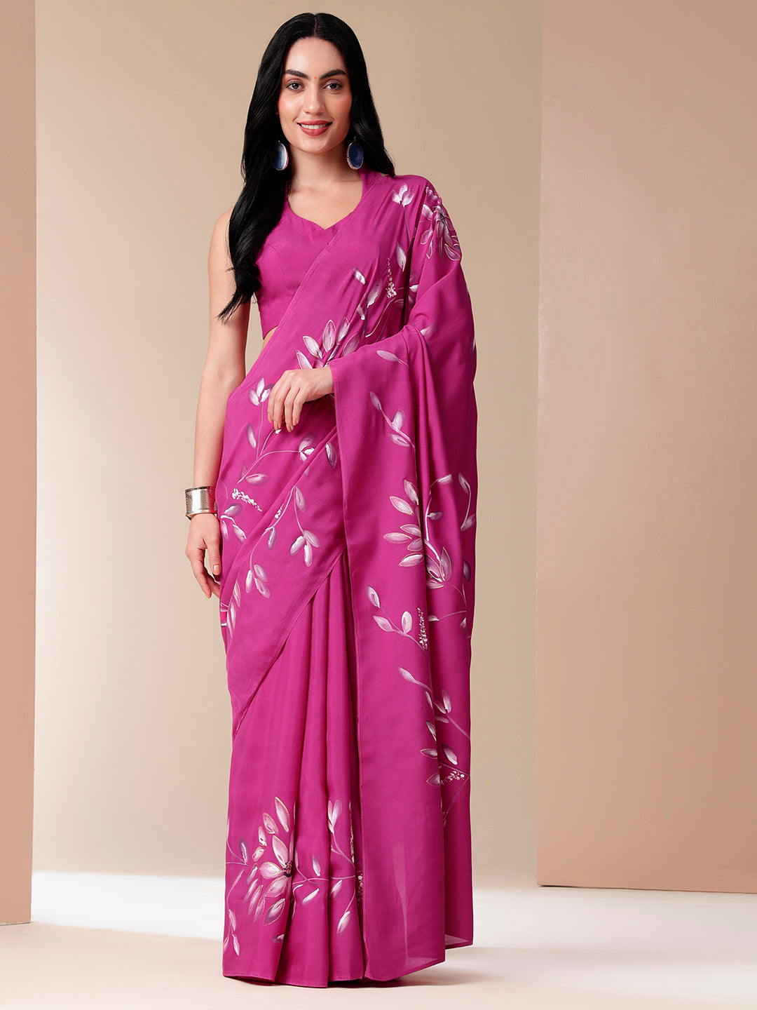 Blissful Brush Pink Floral Handpainted Cotton Silk Saree