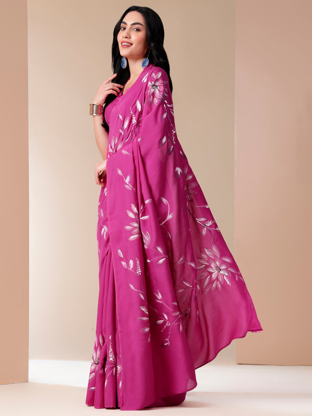 Blissful Brush Pink Floral Handpainted Cotton Silk Saree