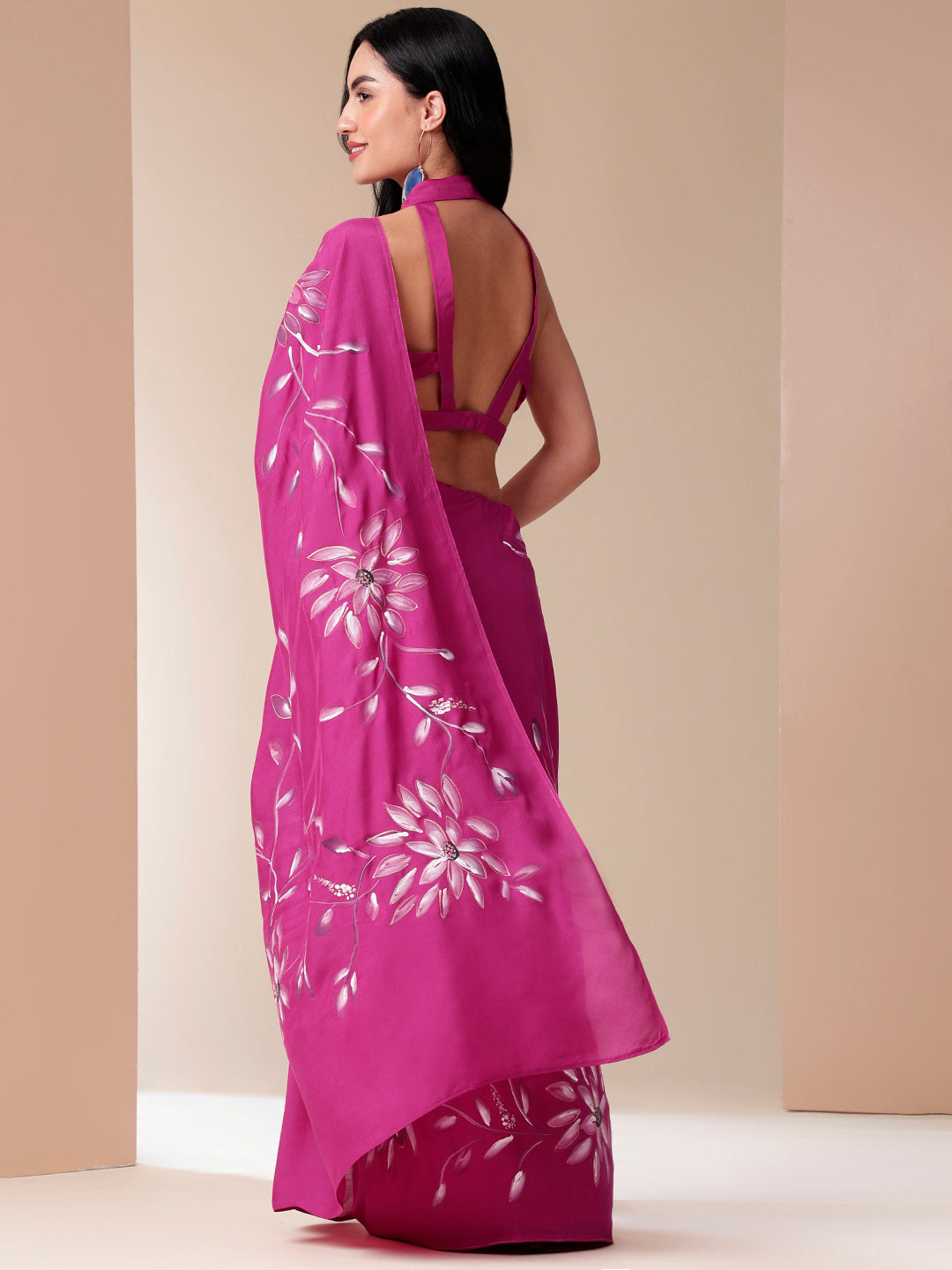 Blissful Brush Pink Floral Handpainted Cotton Silk Saree