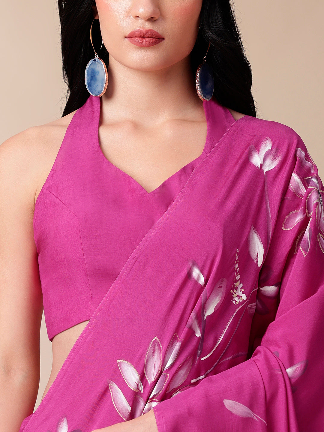 Blissful Brush Pink Floral Handpainted Cotton Silk Saree