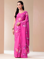 Alluring Pink Cotton Malmal Saree Handpainted Floral Canvas