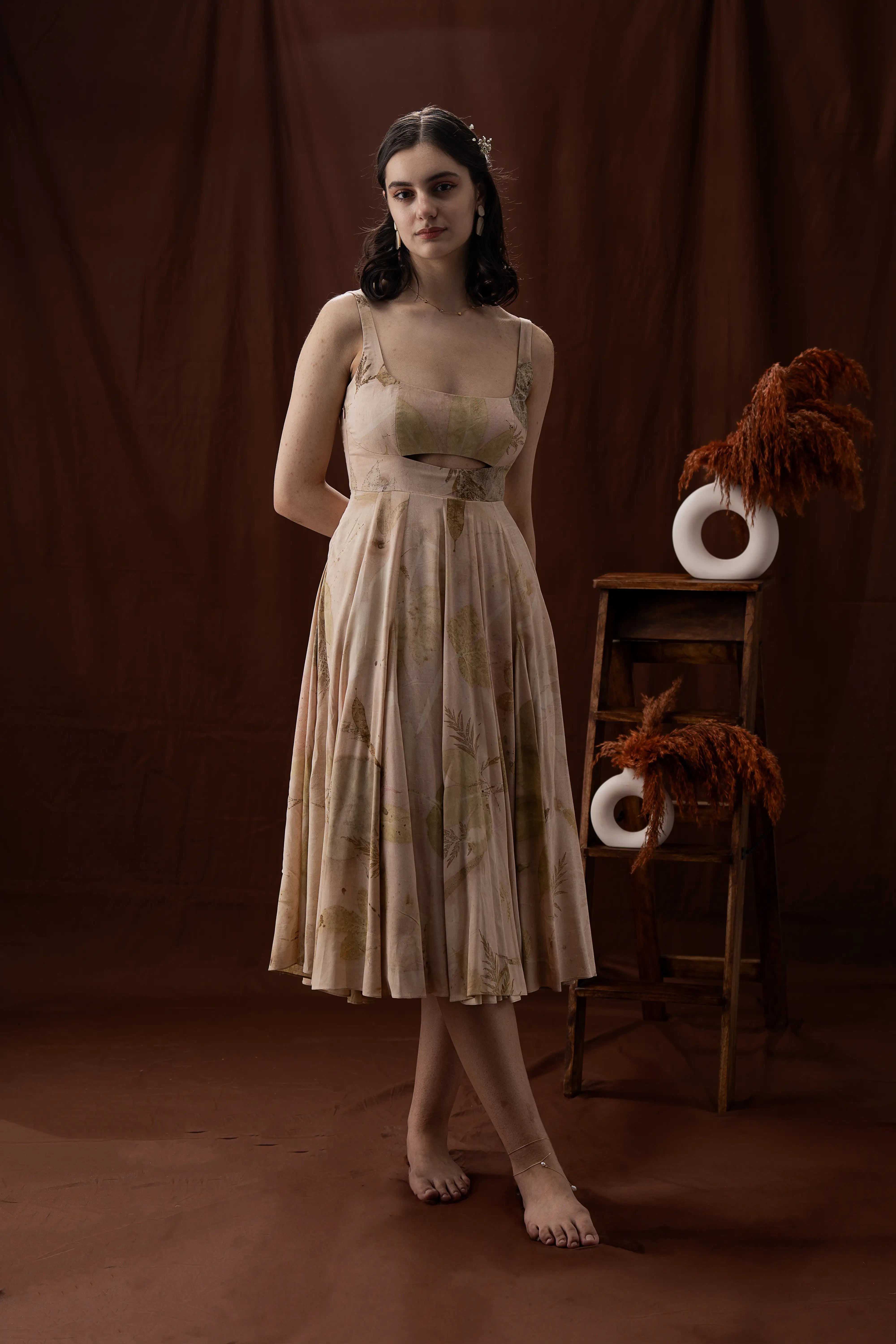 Sophisticated Beige Banana Fabric Square Neck Cut-Out Midi Dress