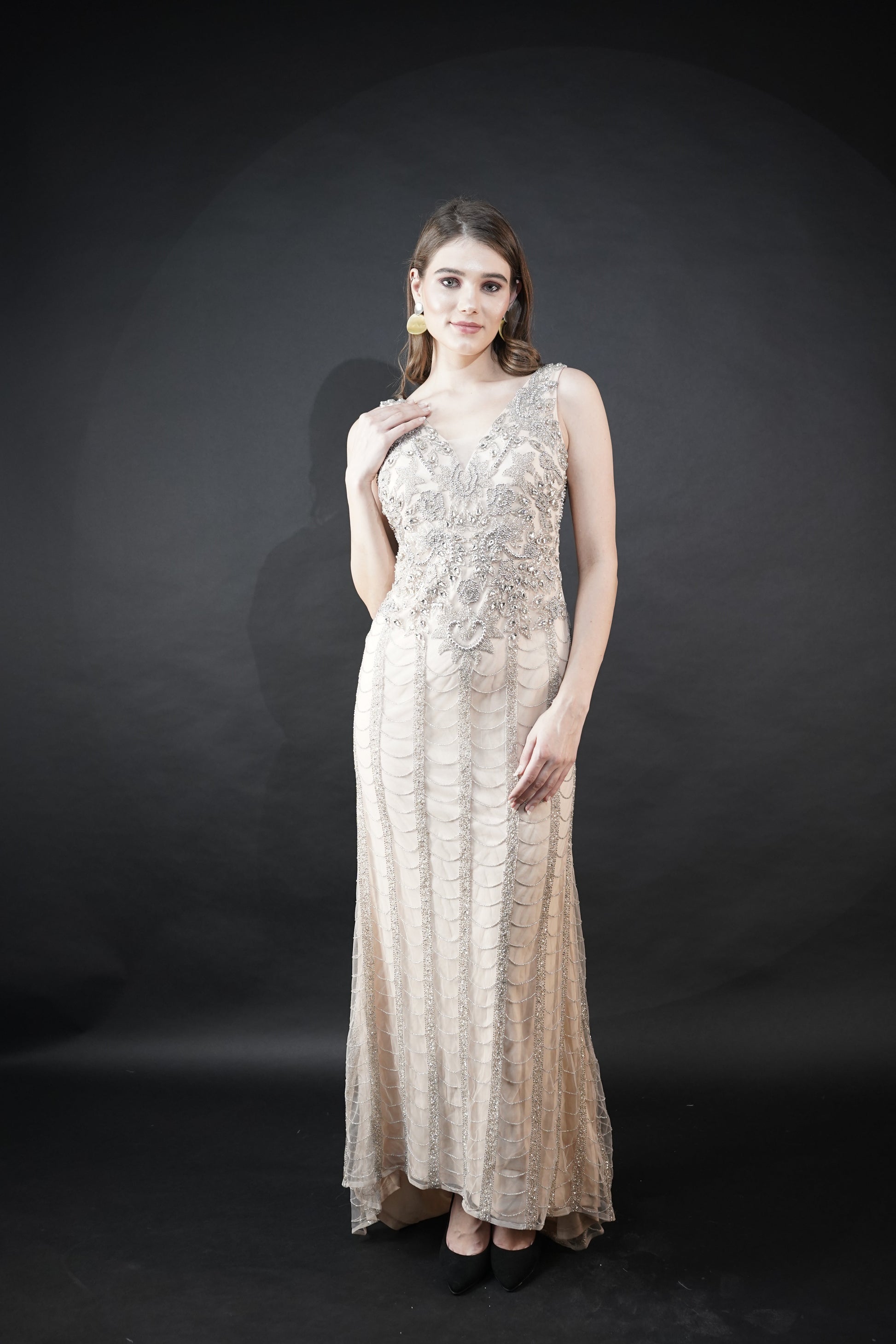 Radiant Beige Viscose Tulle Luminous Aura Gown Stone Sequins