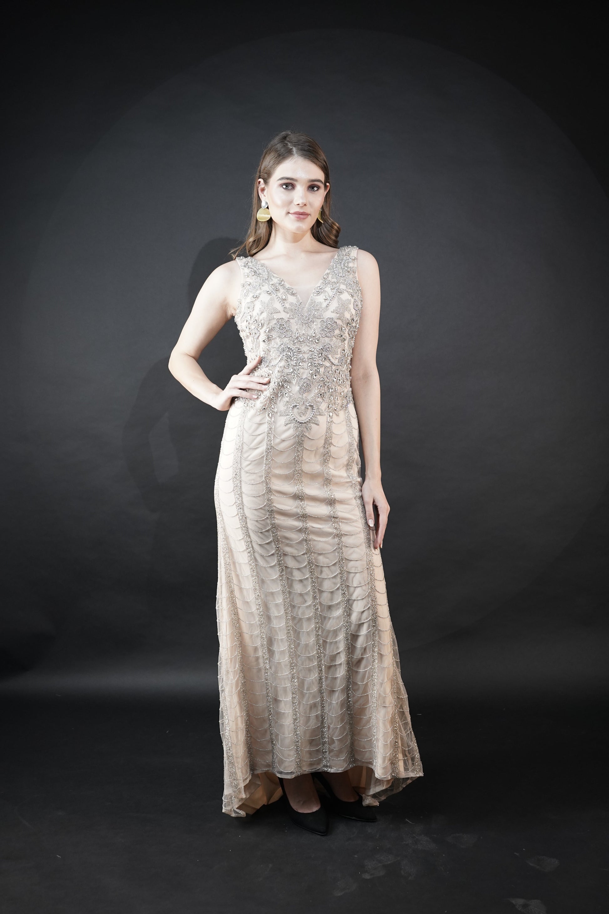 Radiant Beige Viscose Tulle Luminous Aura Gown Stone Sequins