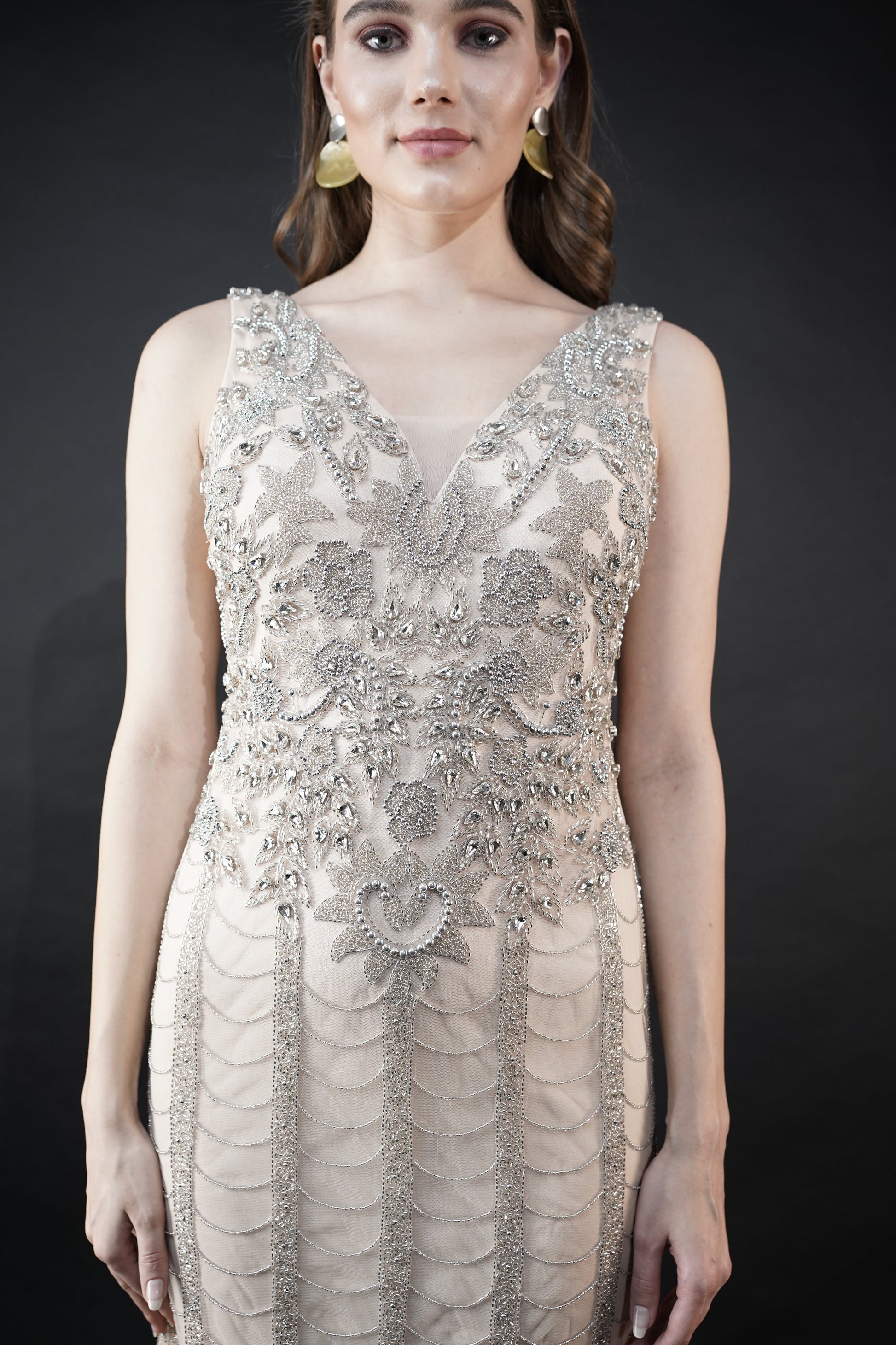 Radiant Beige Viscose Tulle Luminous Aura Gown Stone Sequins