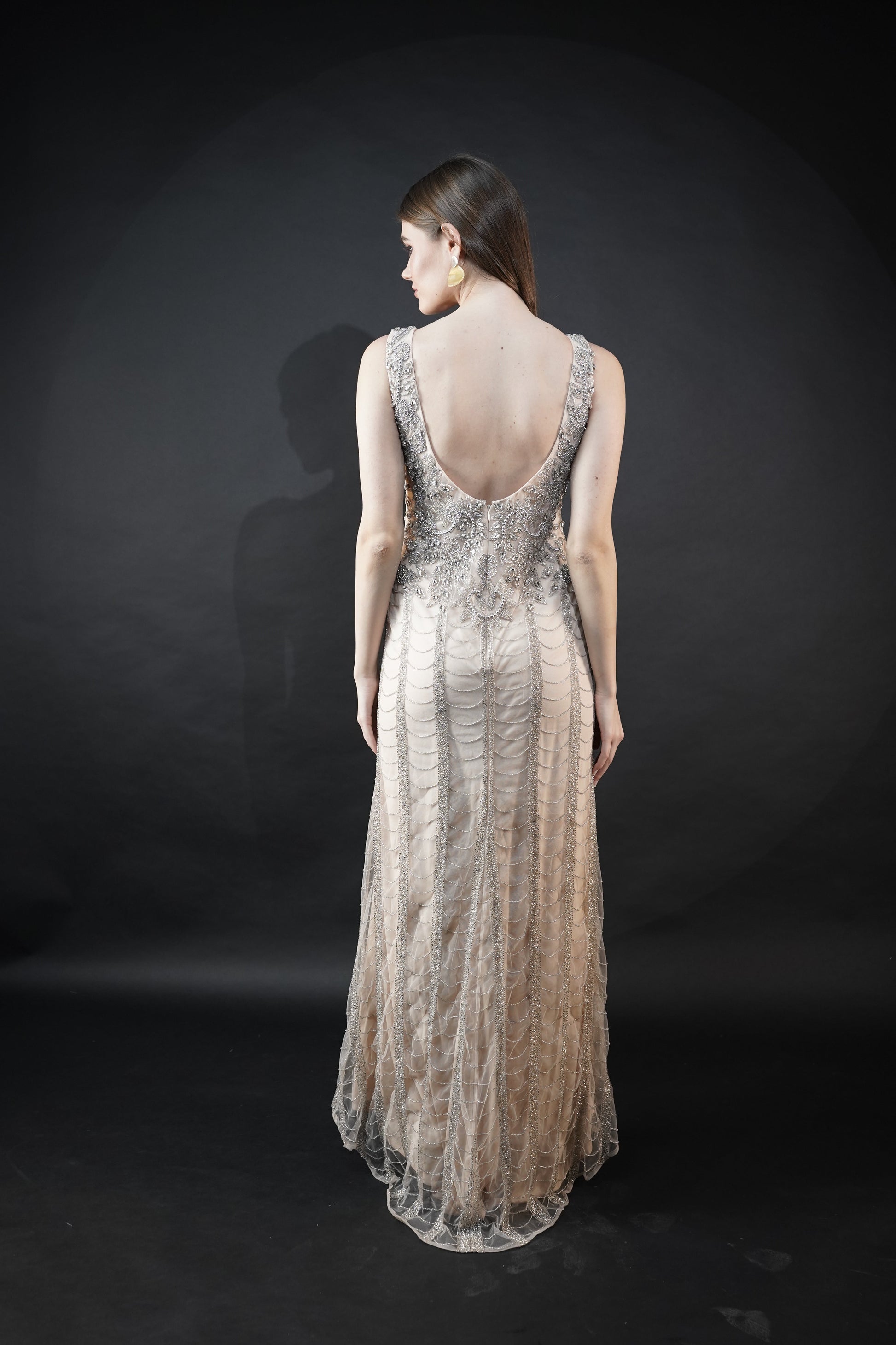 Radiant Beige Viscose Tulle Luminous Aura Gown Stone Sequins