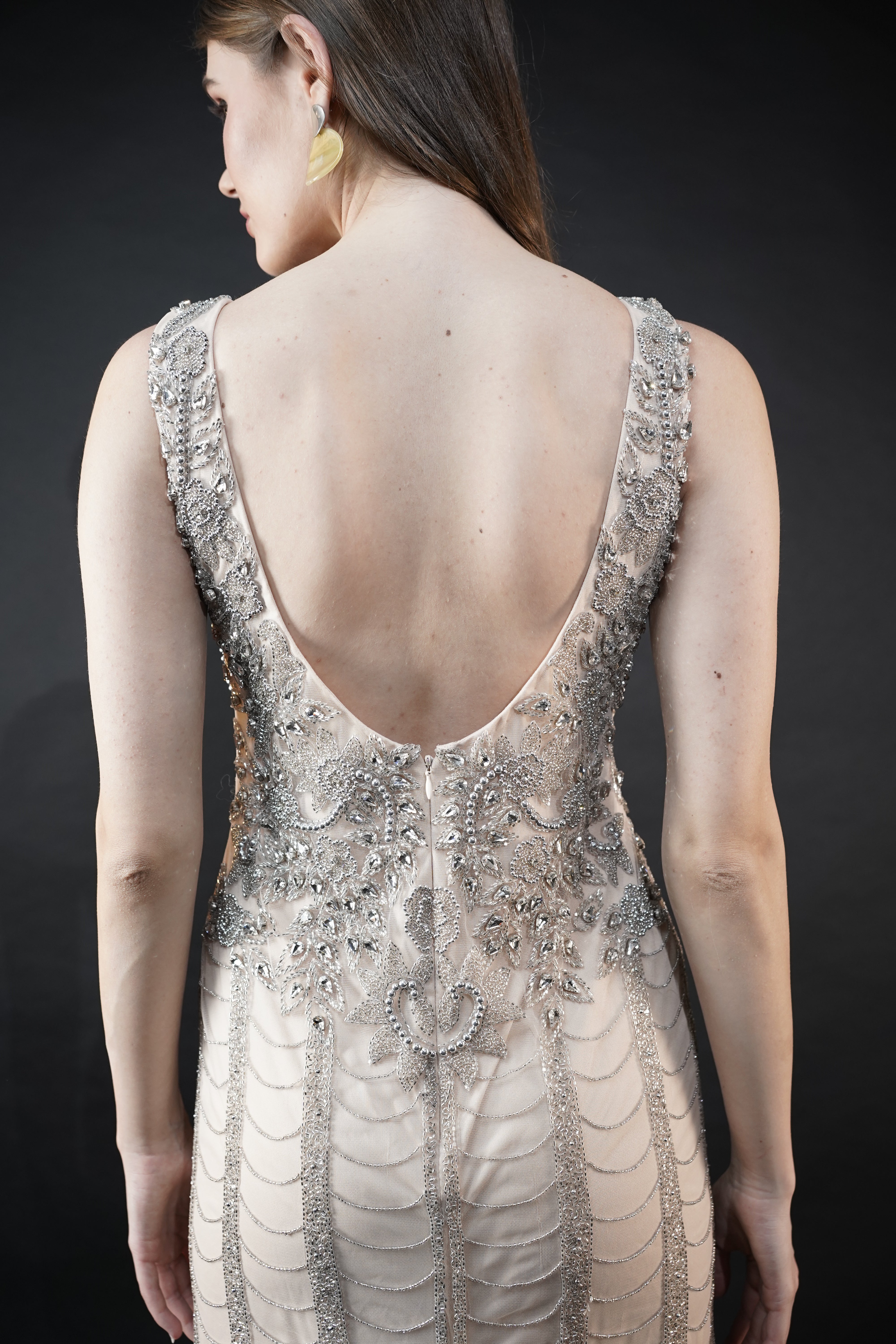 Radiant Beige Viscose Tulle Luminous Aura Gown Stone Sequins