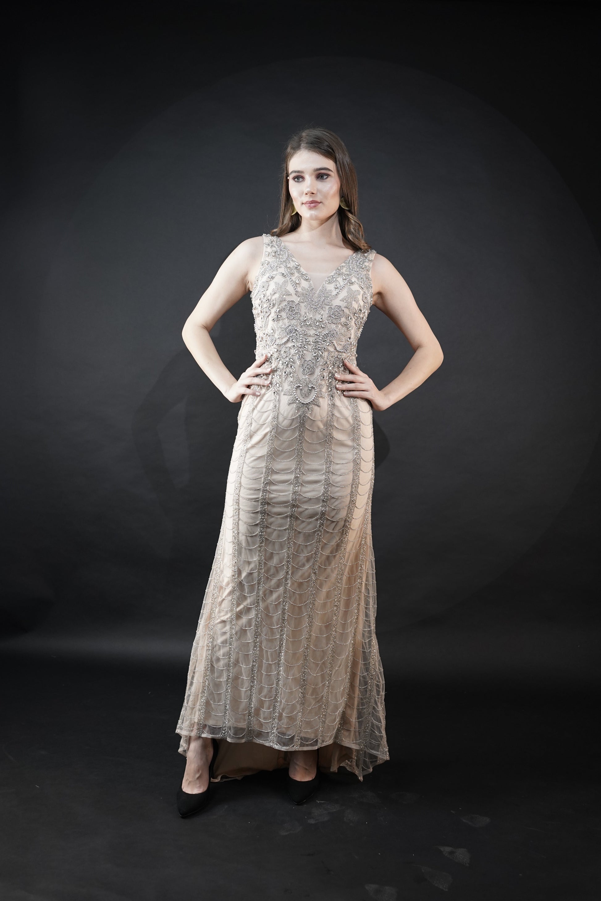 Radiant Beige Viscose Tulle Luminous Aura Gown Stone Sequins