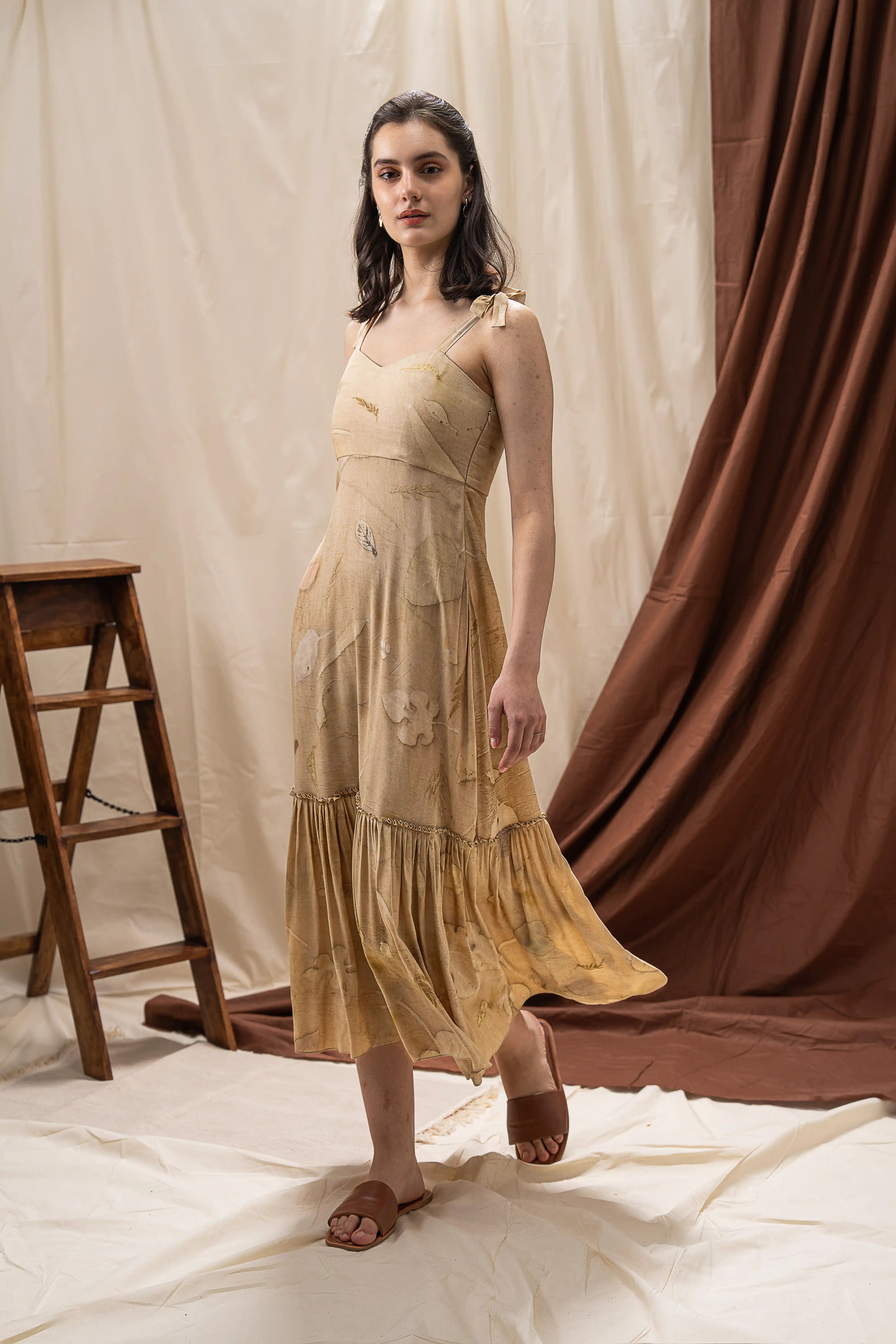 Breezy Beige Banana Fabric Strappy Tiered Maxi Dress