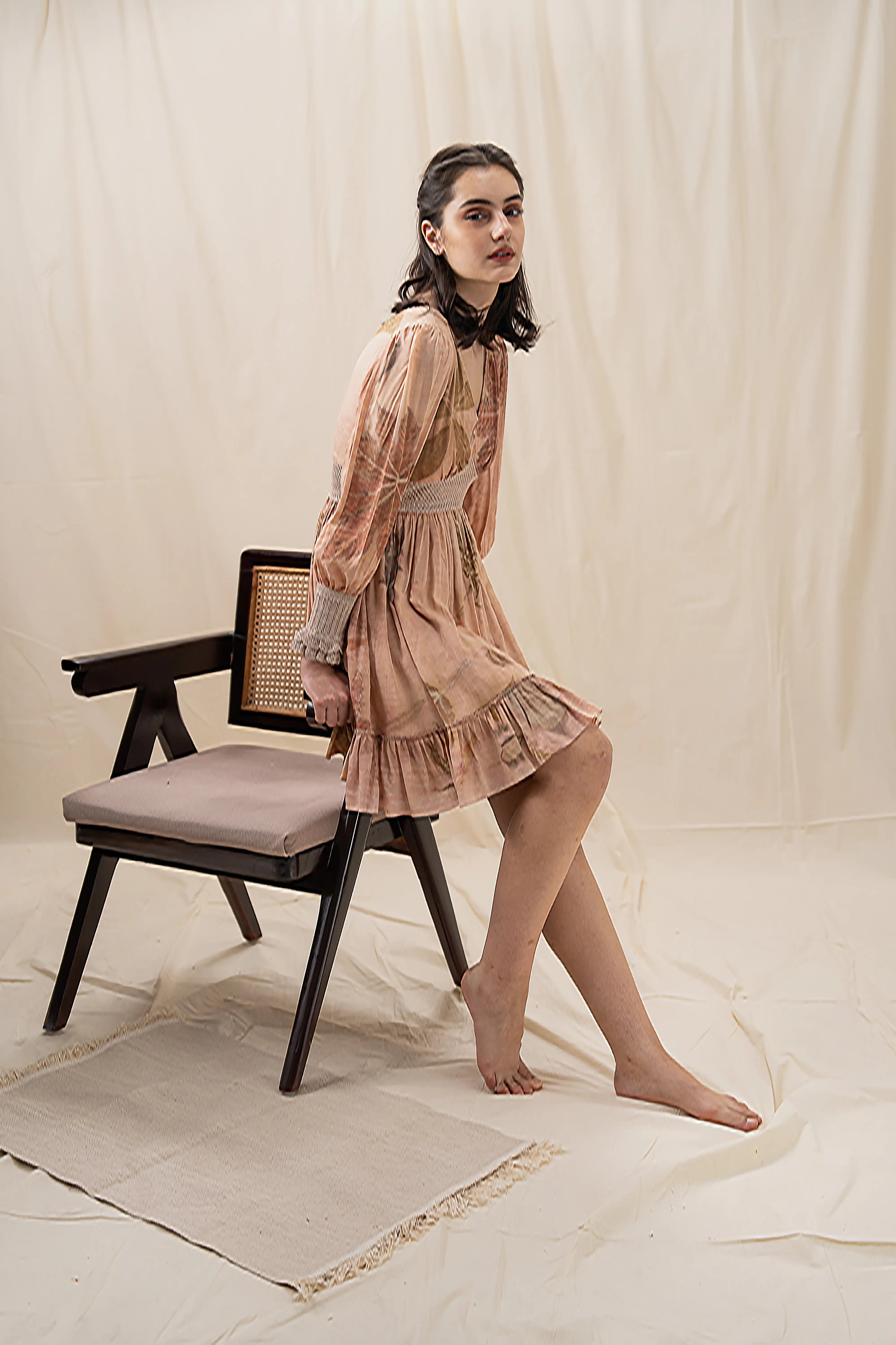 Romantic Peachy Pink Banana Cellulose V-Neck Crochet Mini Dress