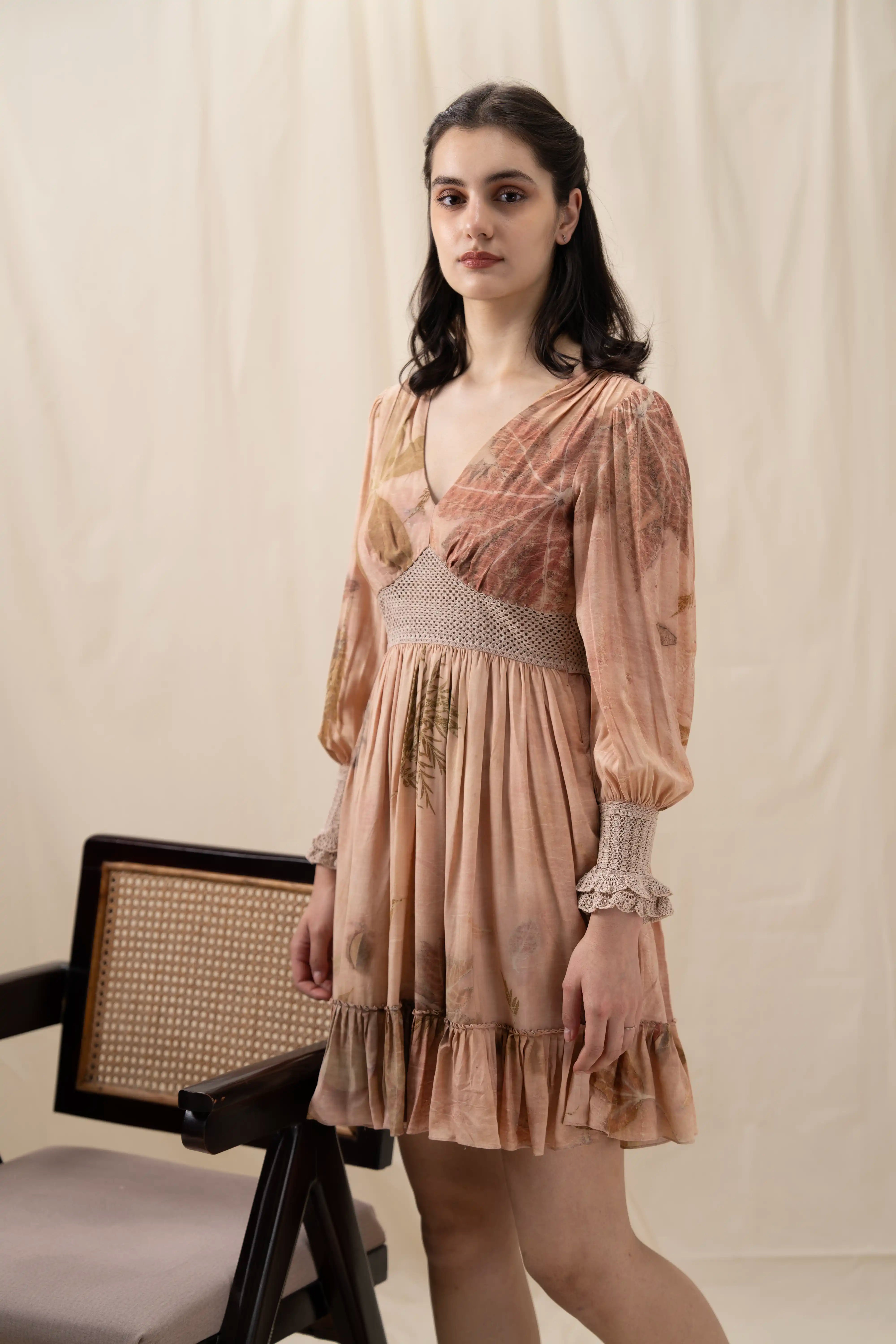 Romantic Peachy Pink Banana Cellulose V-Neck Crochet Mini Dress