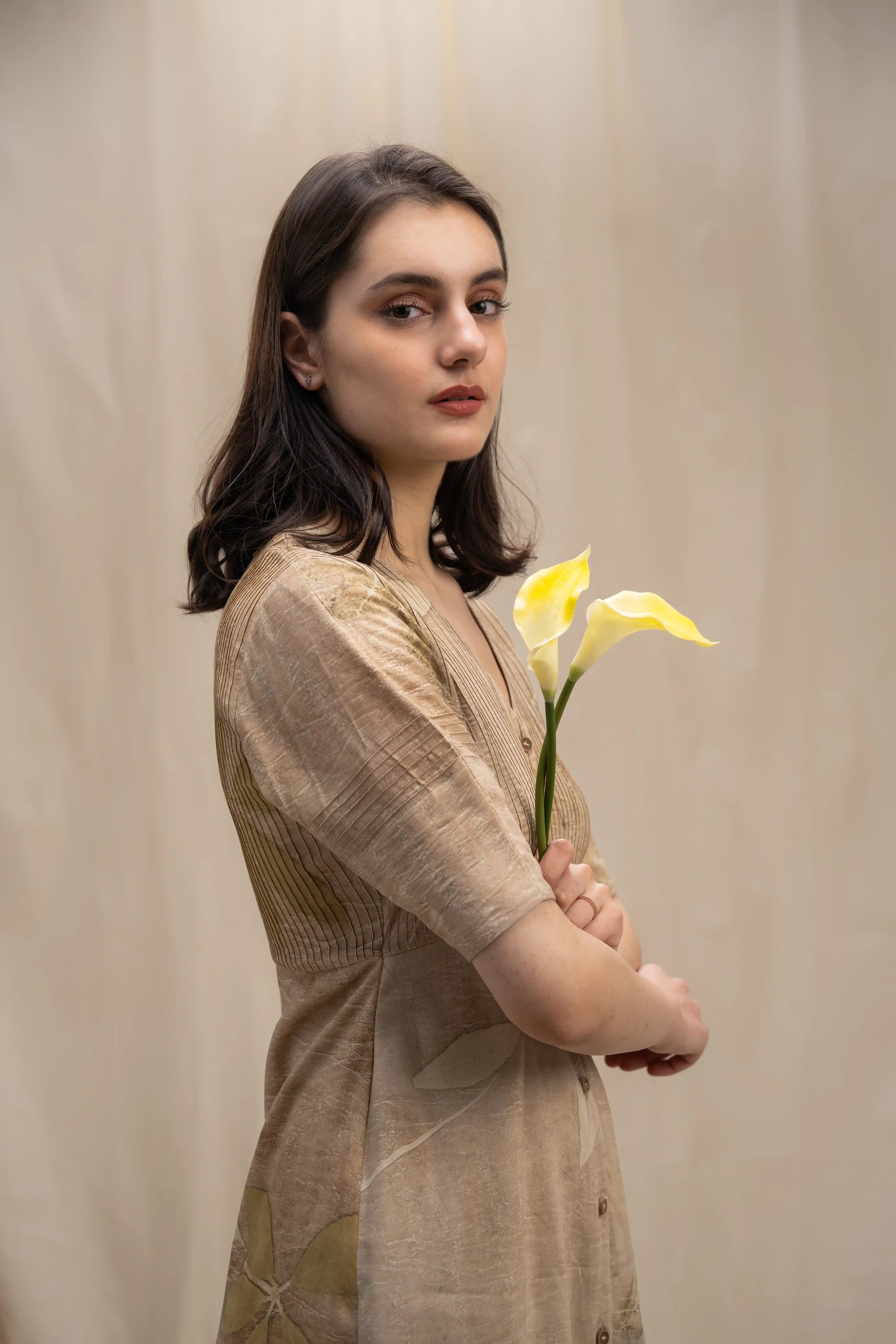 Sustainable Beige Bamboo Fabric V-Neck Pleated Textured Midi Dress