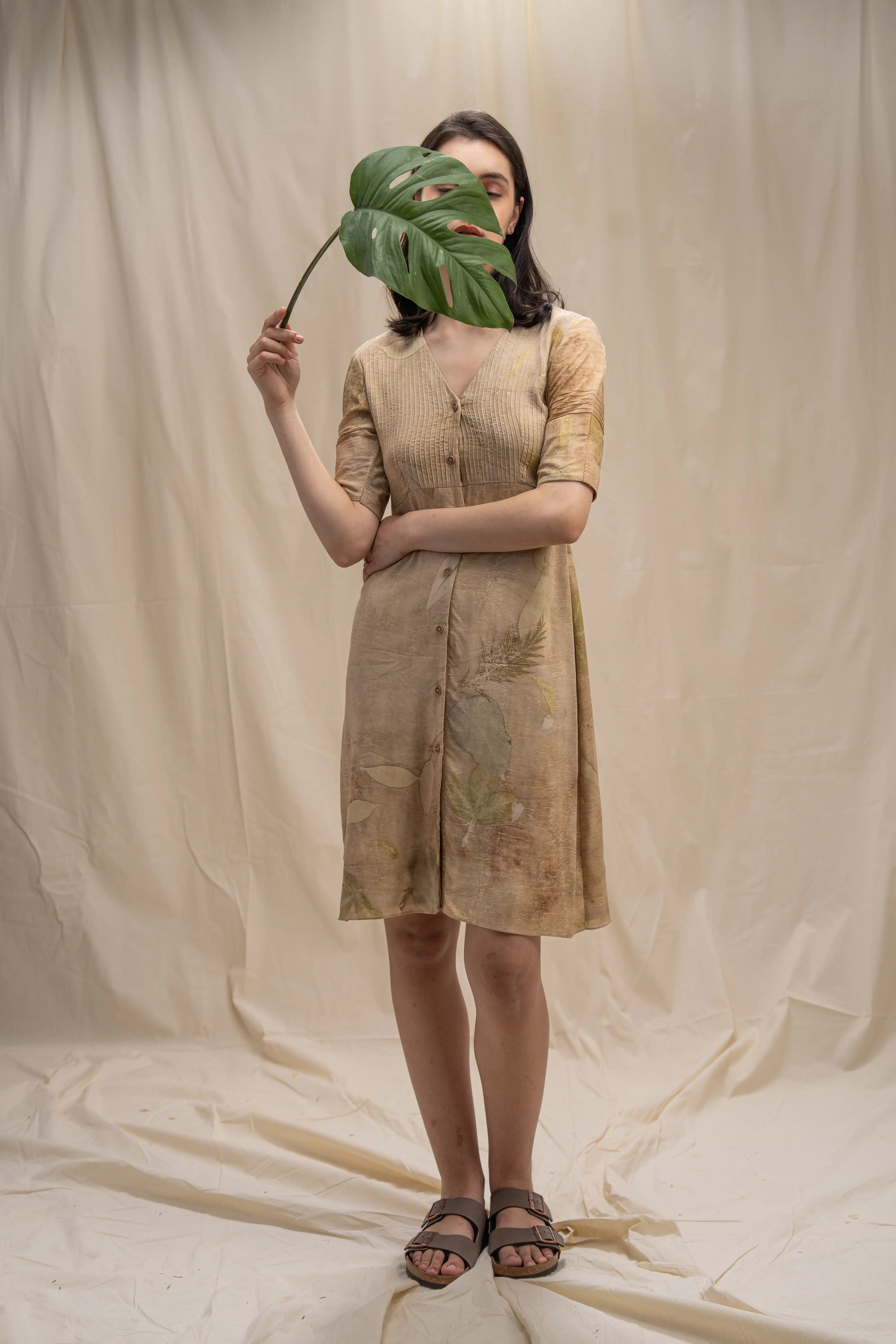 Sustainable Beige Bamboo Fabric V-Neck Pleated Textured Midi Dress