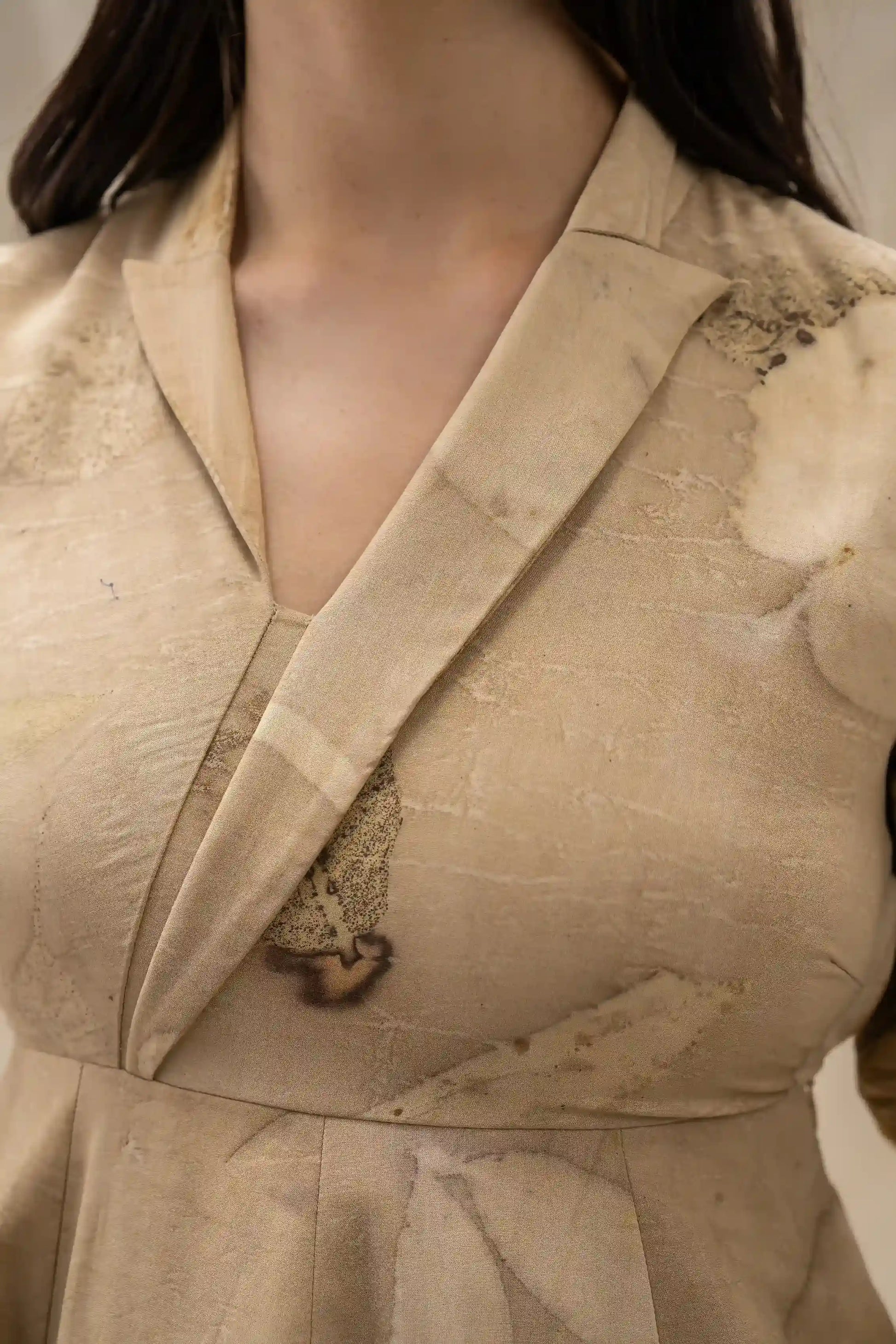 Elegant Beige Cream Banana Cellulose Lapel Wrap Midi Dress