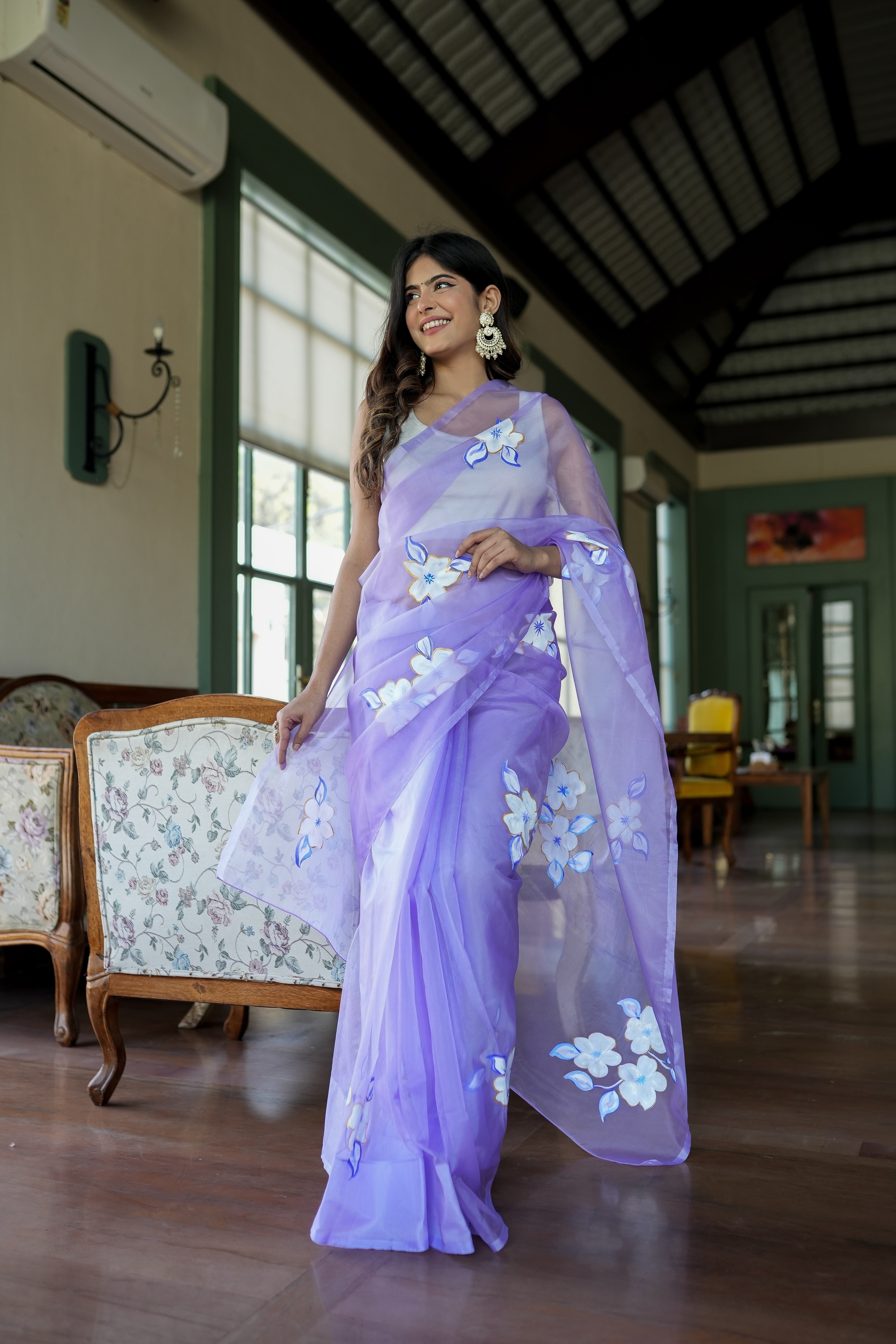 Attractive Blue Lavender Organza Handpainted Saree Gold Zari Floral