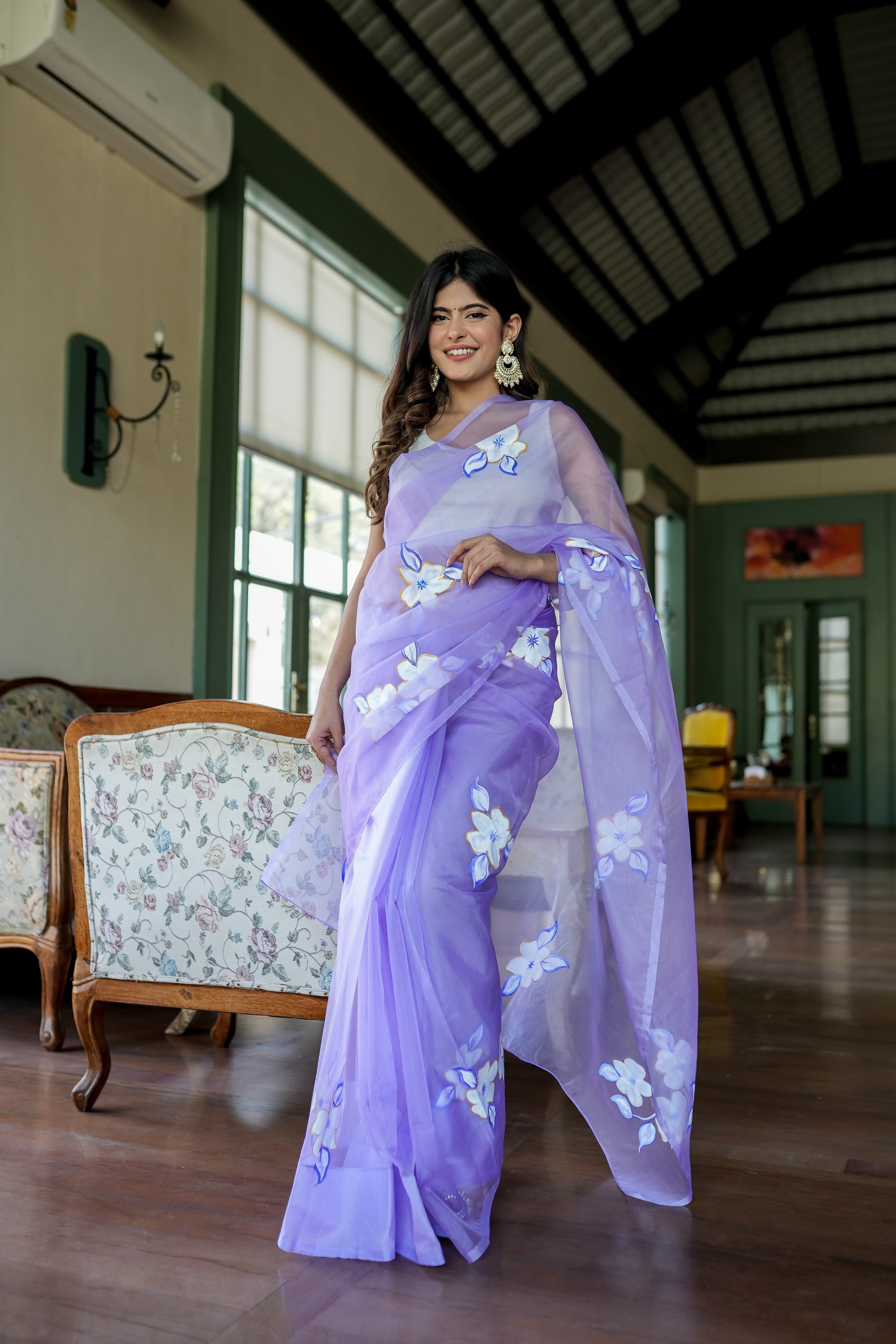 Attractive Blue Lavender Organza Handpainted Saree Gold Zari Floral