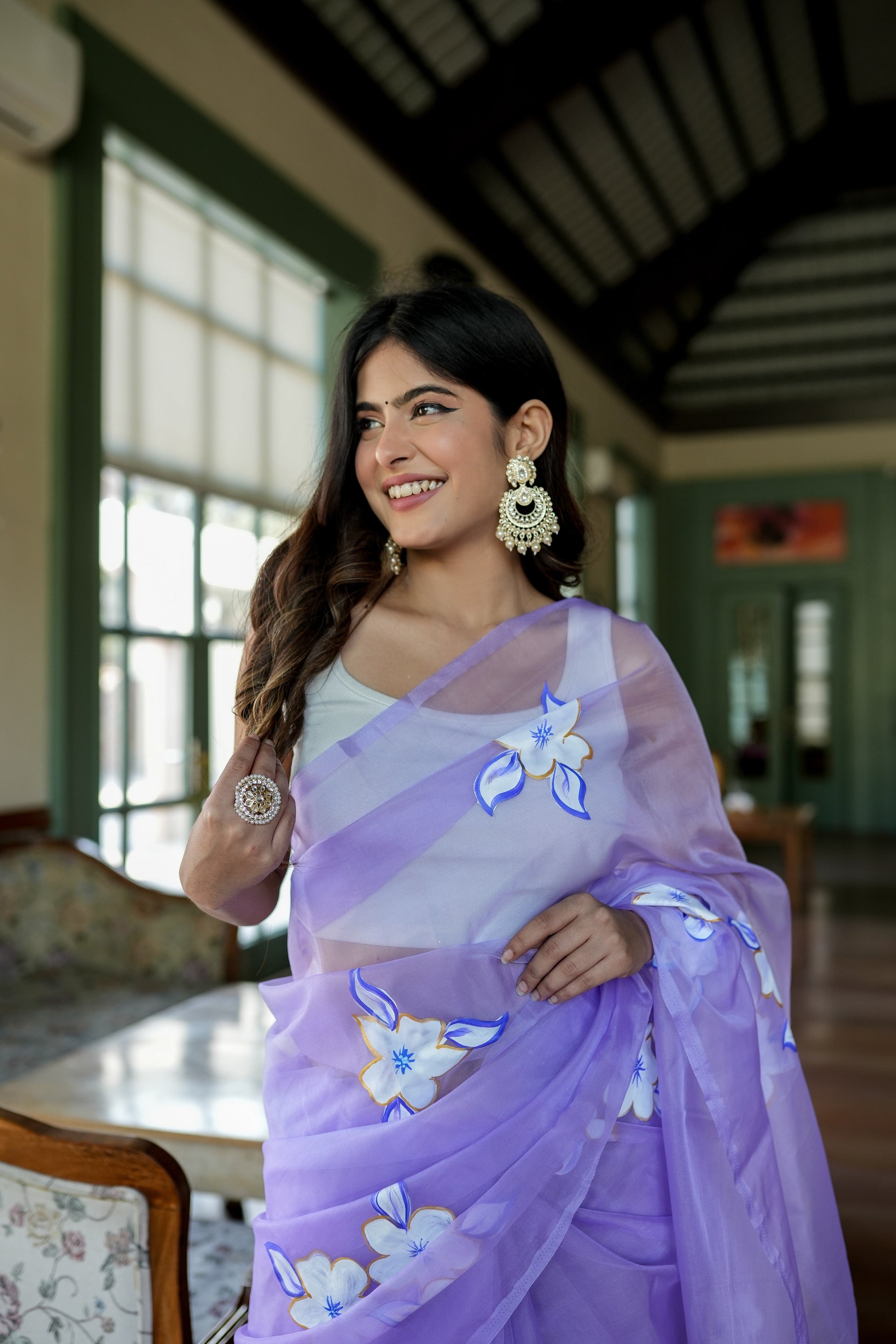 Attractive Blue Lavender Organza Handpainted Saree Gold Zari Floral