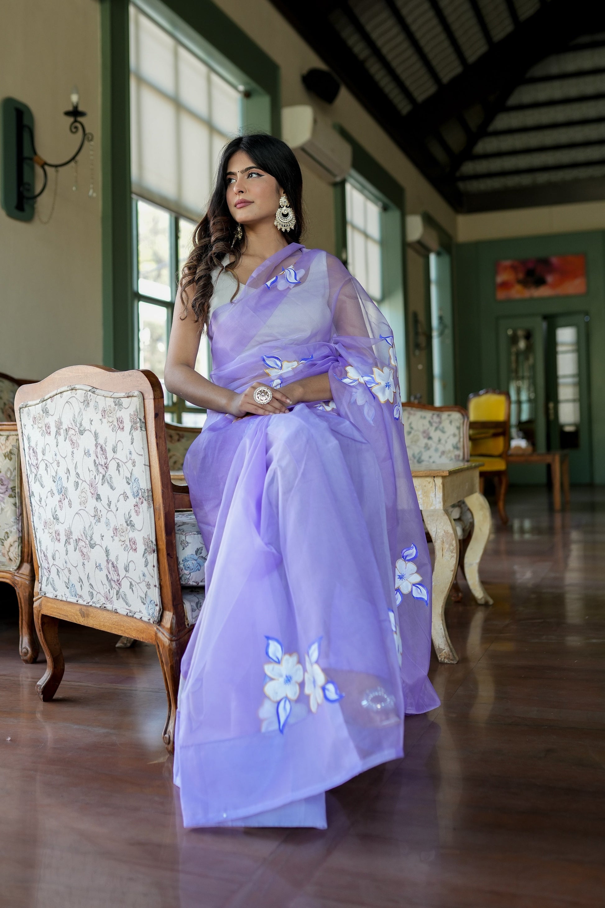 Attractive Blue Lavender Organza Handpainted Saree Gold Zari Floral