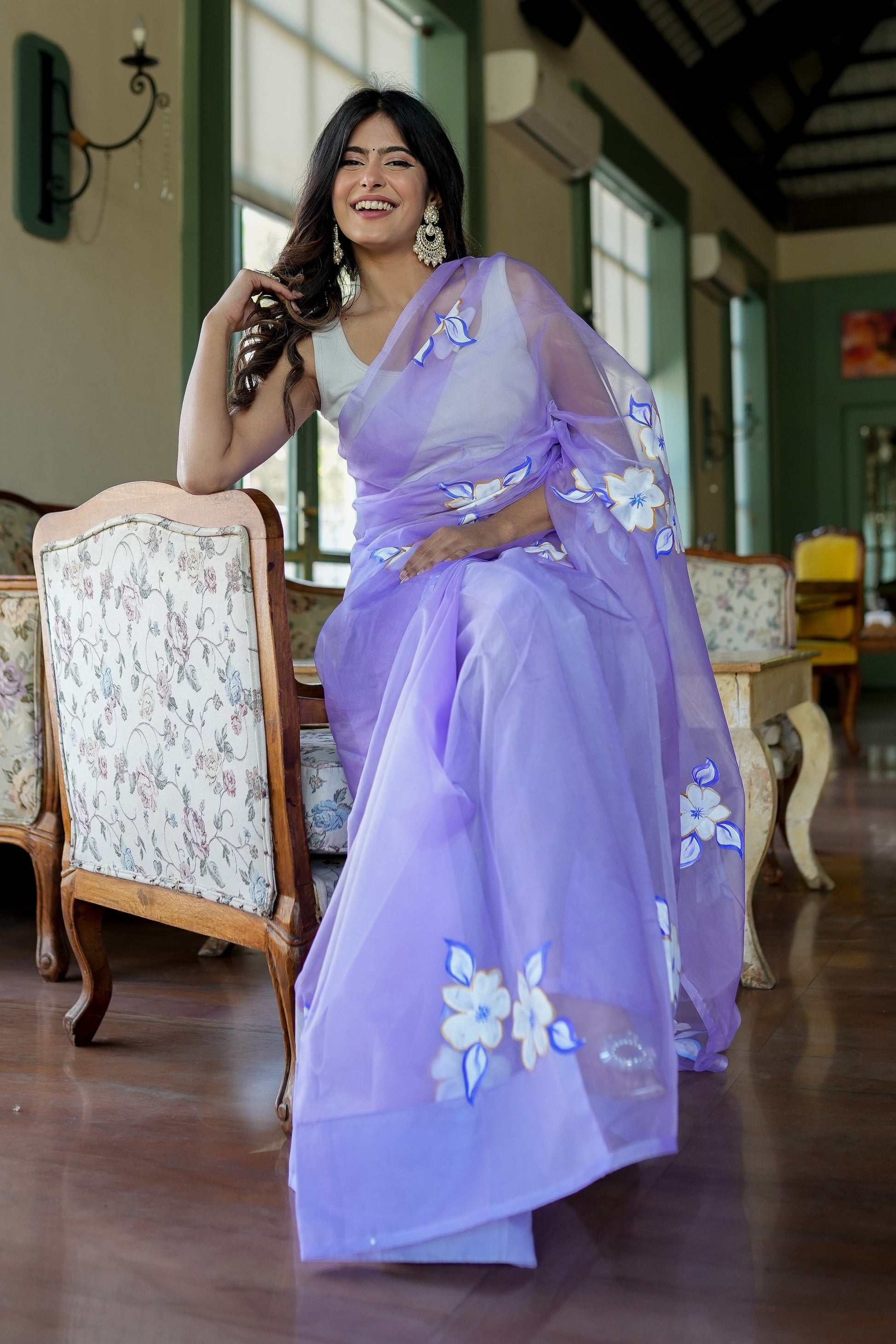 Attractive Blue Lavender Organza Handpainted Saree Gold Zari Floral