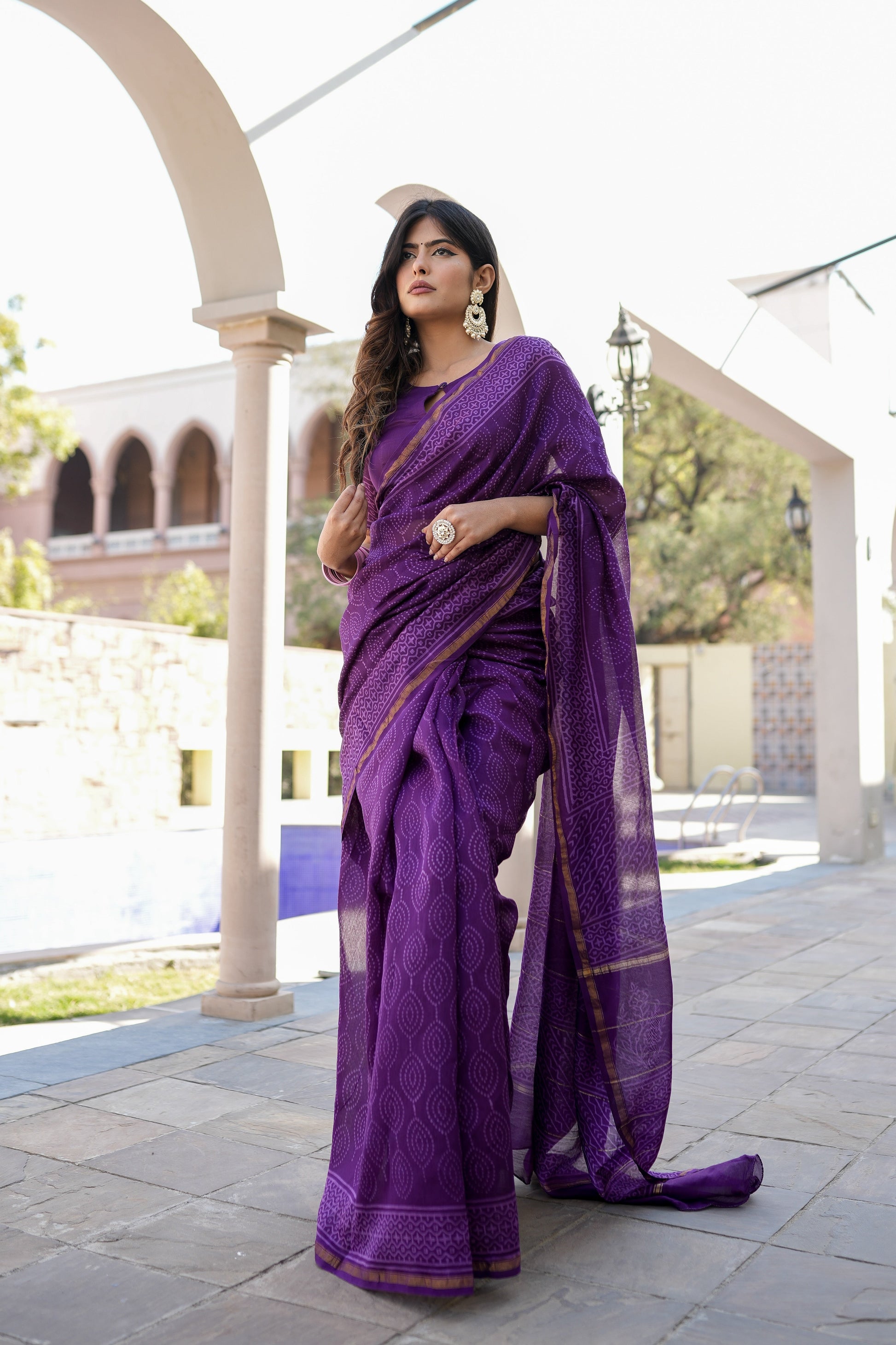 Ethereal Lavender Purple Chanderi Handblock Saree Gold Zari Nature