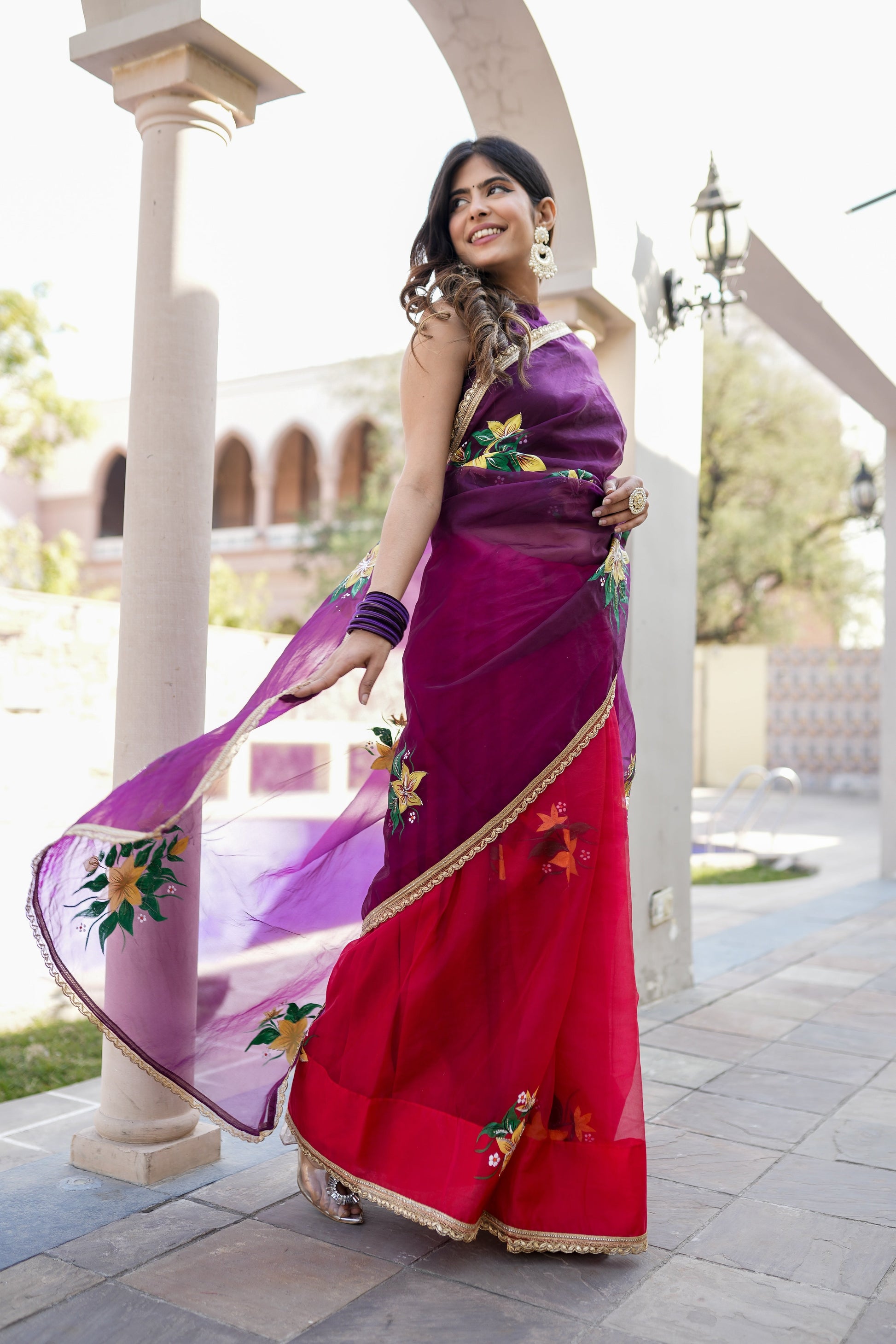 Artistic Red Purple Organza Handpainted Saree Floral