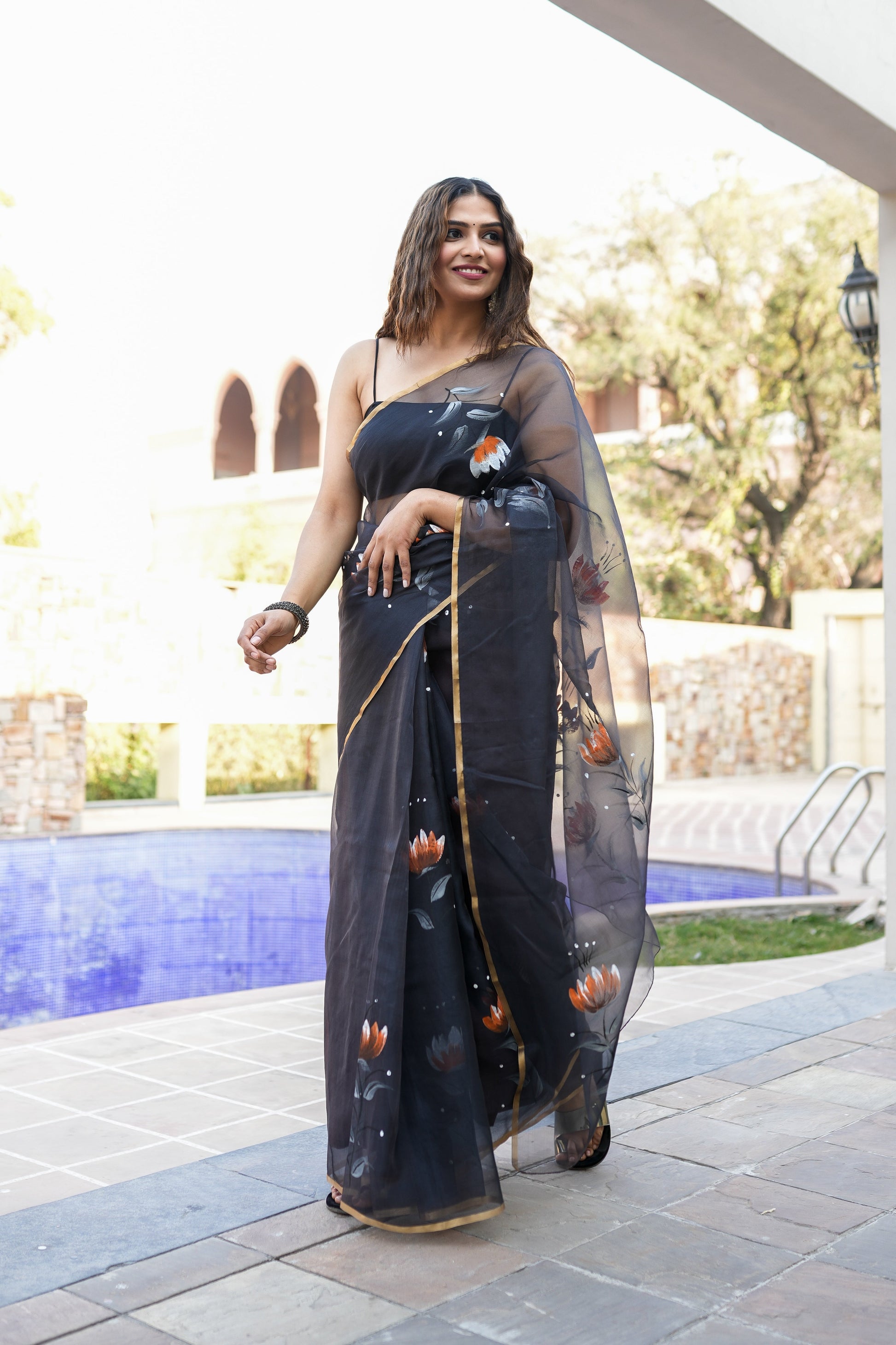 Elegant Black Organza Handpainted Saree Gold Zari Floral