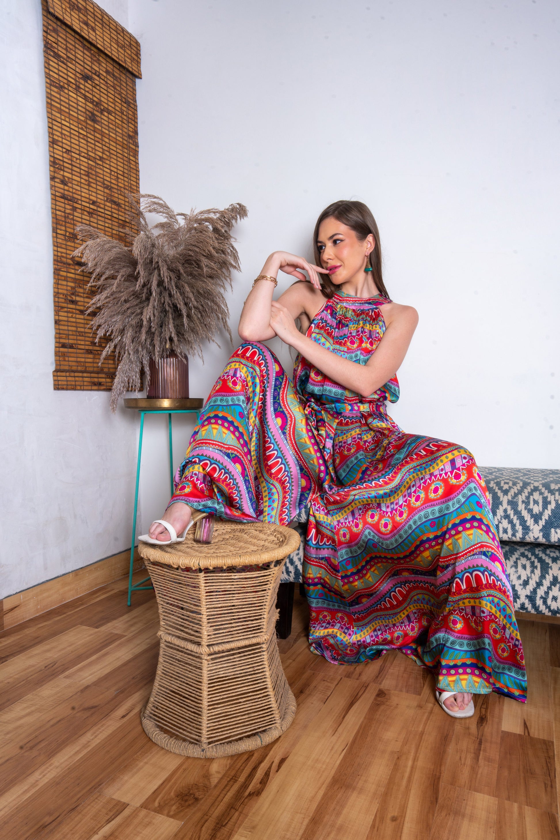 Vibrant Multicolor Bamburgh Satin Rainbow Wave Flair Jumpsuit