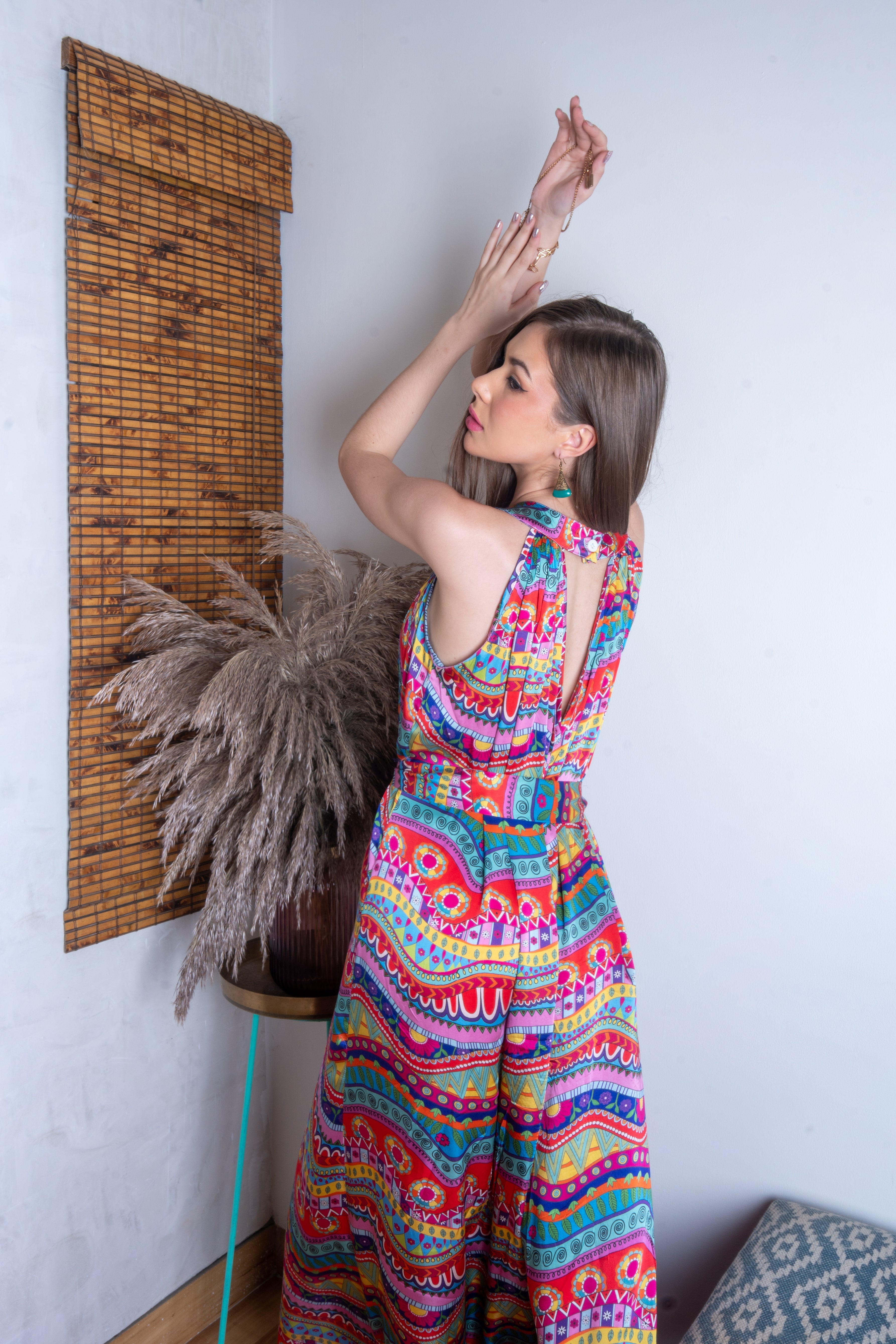 Vibrant Multicolor Bamburgh Satin Rainbow Wave Flair Jumpsuit