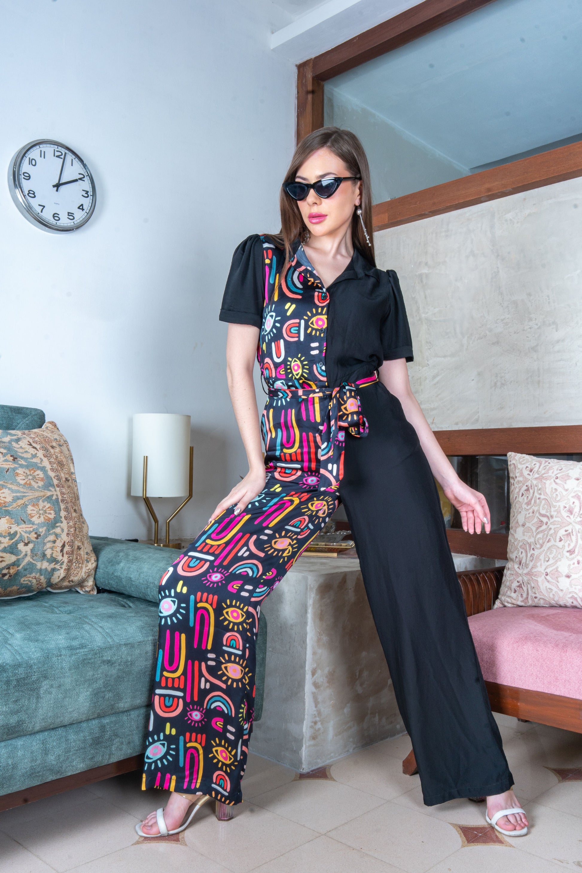 Whimsical Black Multicolor Satin Midnight Carnival Jumpsuit