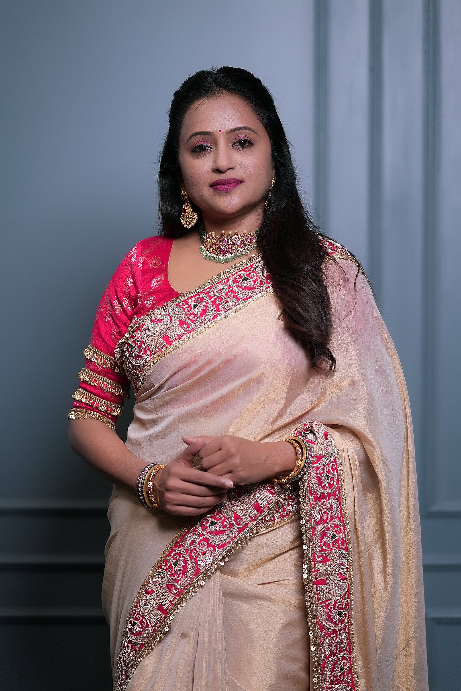 Gold Kanchi Tissue Saree Zardosi Cutdana Beads Red Banarasi Blouse