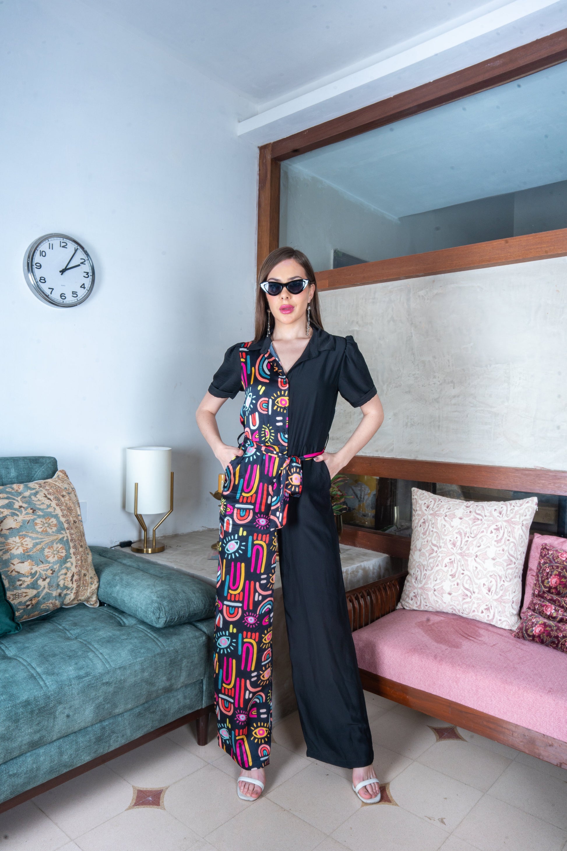 Whimsical Black Multicolor Satin Midnight Carnival Jumpsuit