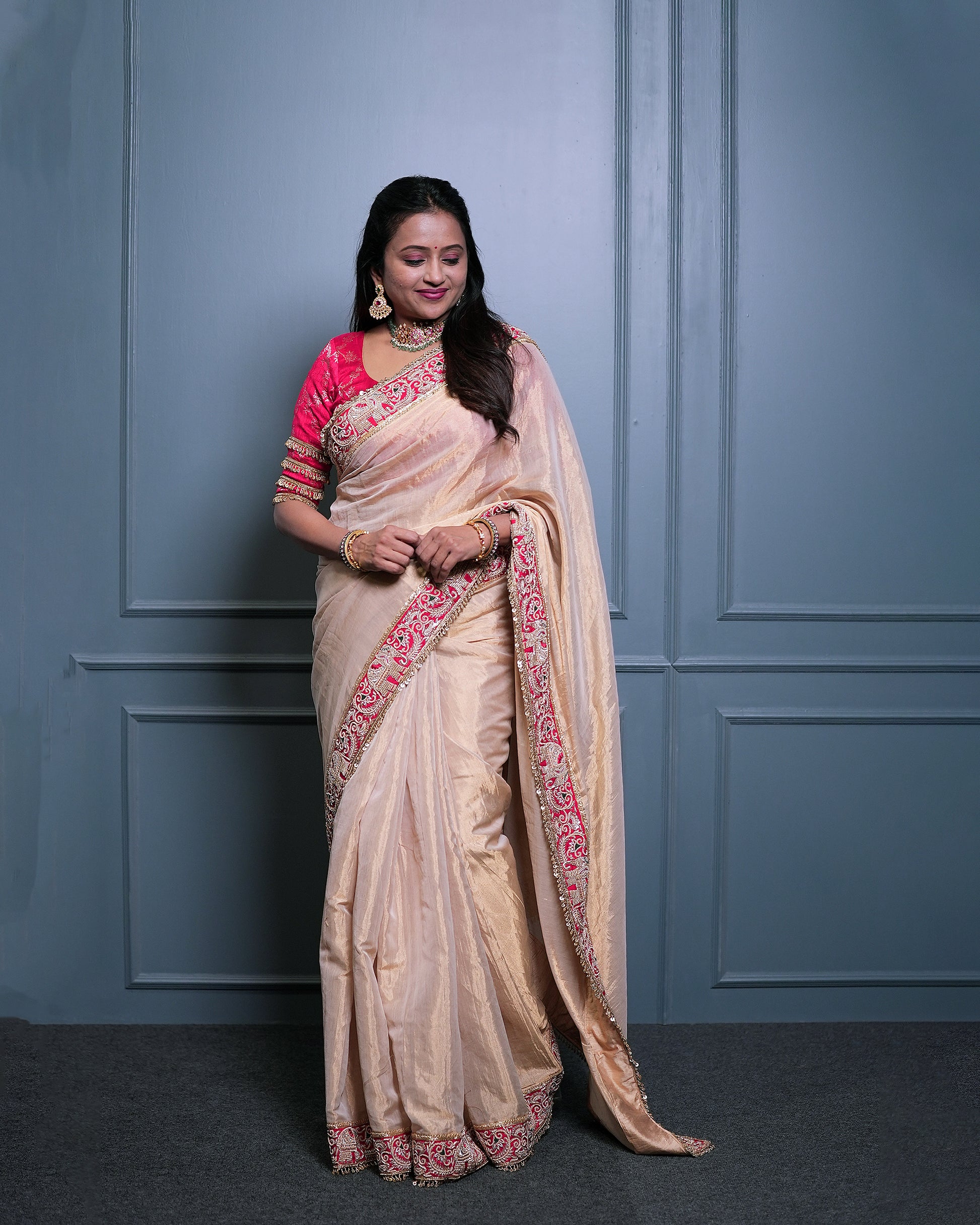 Gold Kanchi Tissue Saree Zardosi Cutdana Beads Red Banarasi Blouse