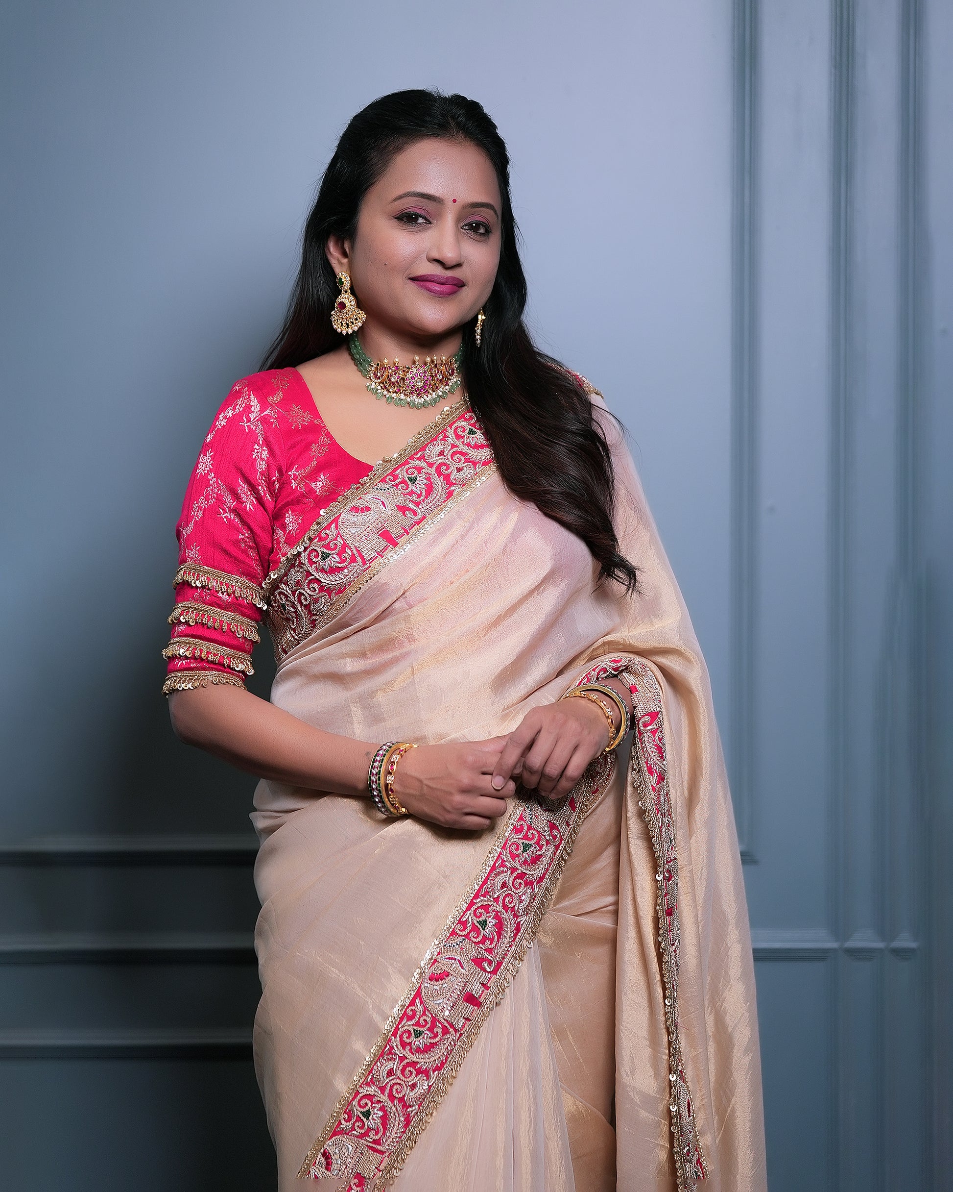 Gold Kanchi Tissue Saree Zardosi Cutdana Beads Red Banarasi Blouse