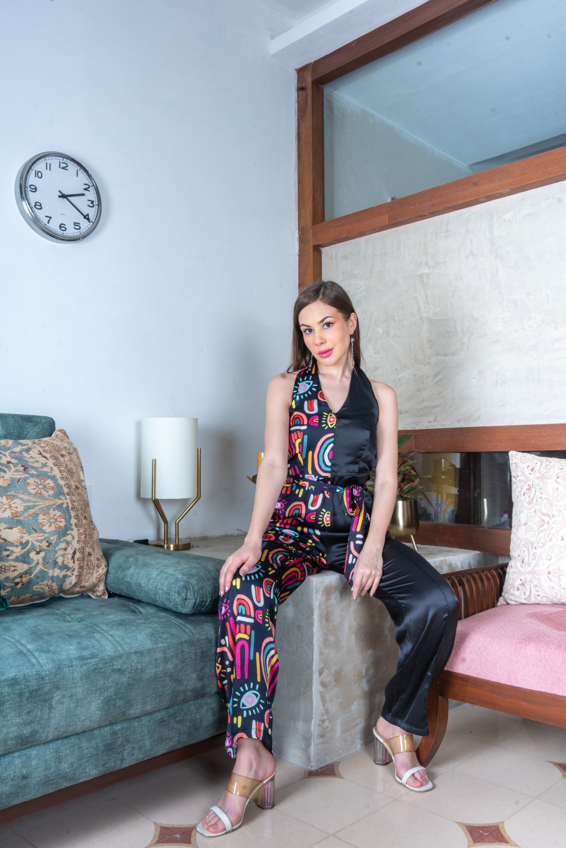 Bewitching Black Multicolor Satin Rainbow Magic Jumpsuit