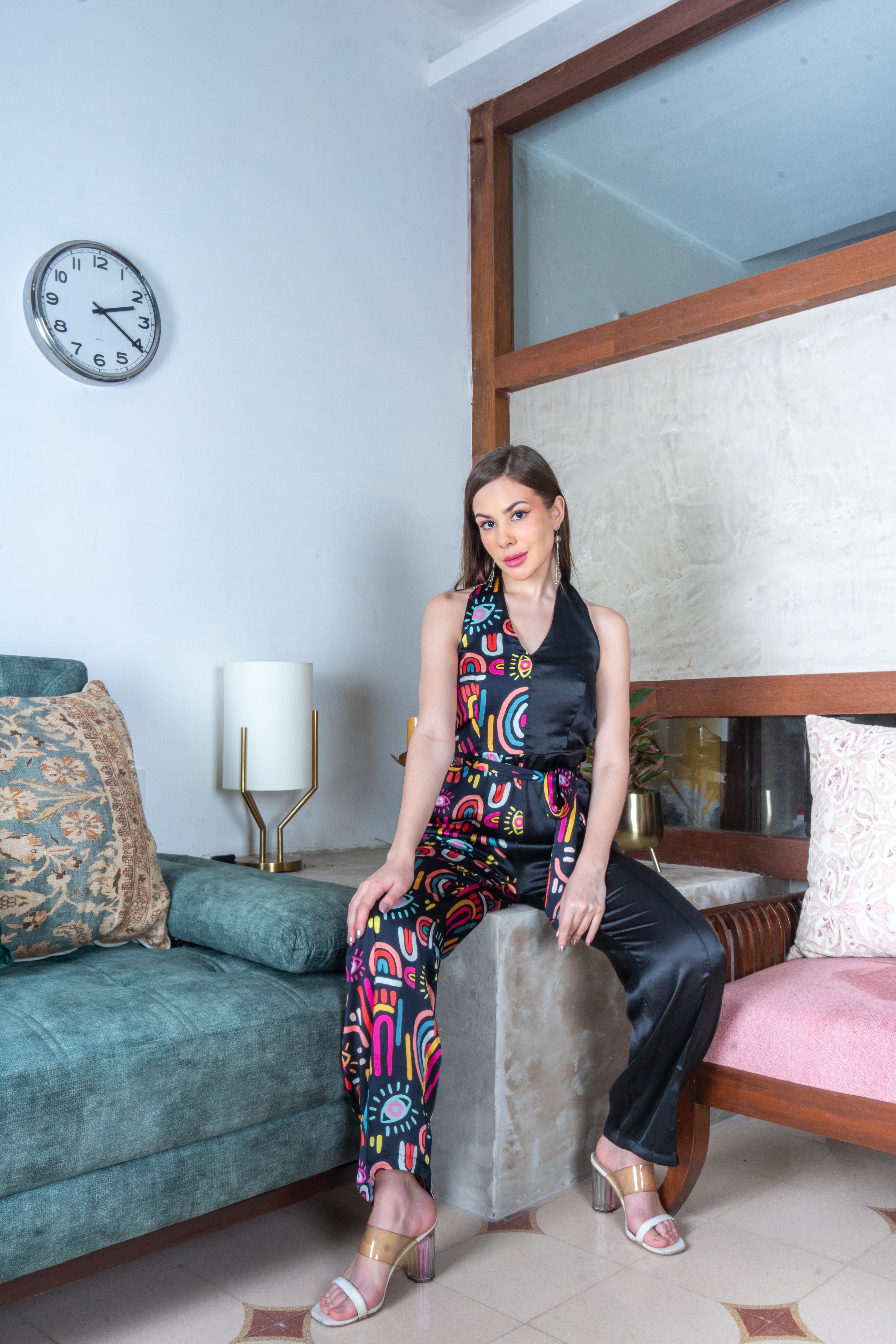 Bewitching Black Multicolor Satin Rainbow Magic Jumpsuit