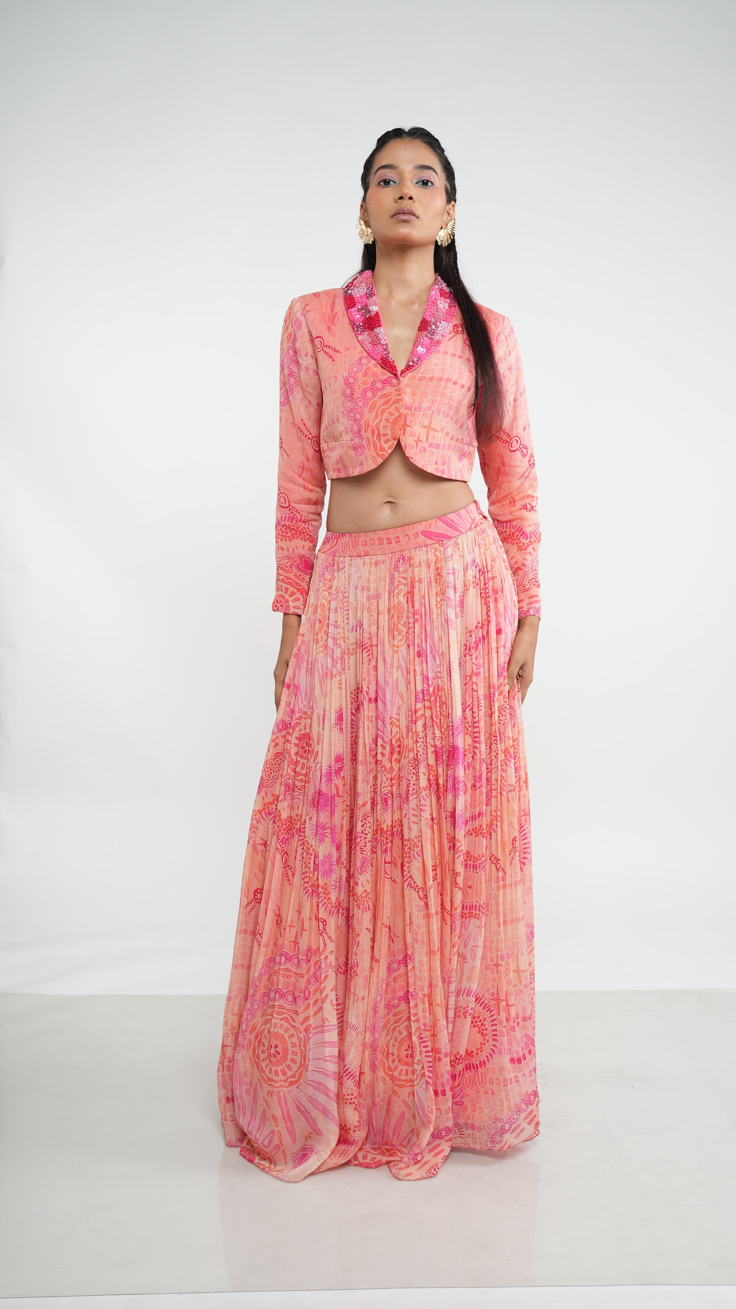 Ethereal Pink Coral Organza Juvela Crop Jacket & Pleated Skirt Set