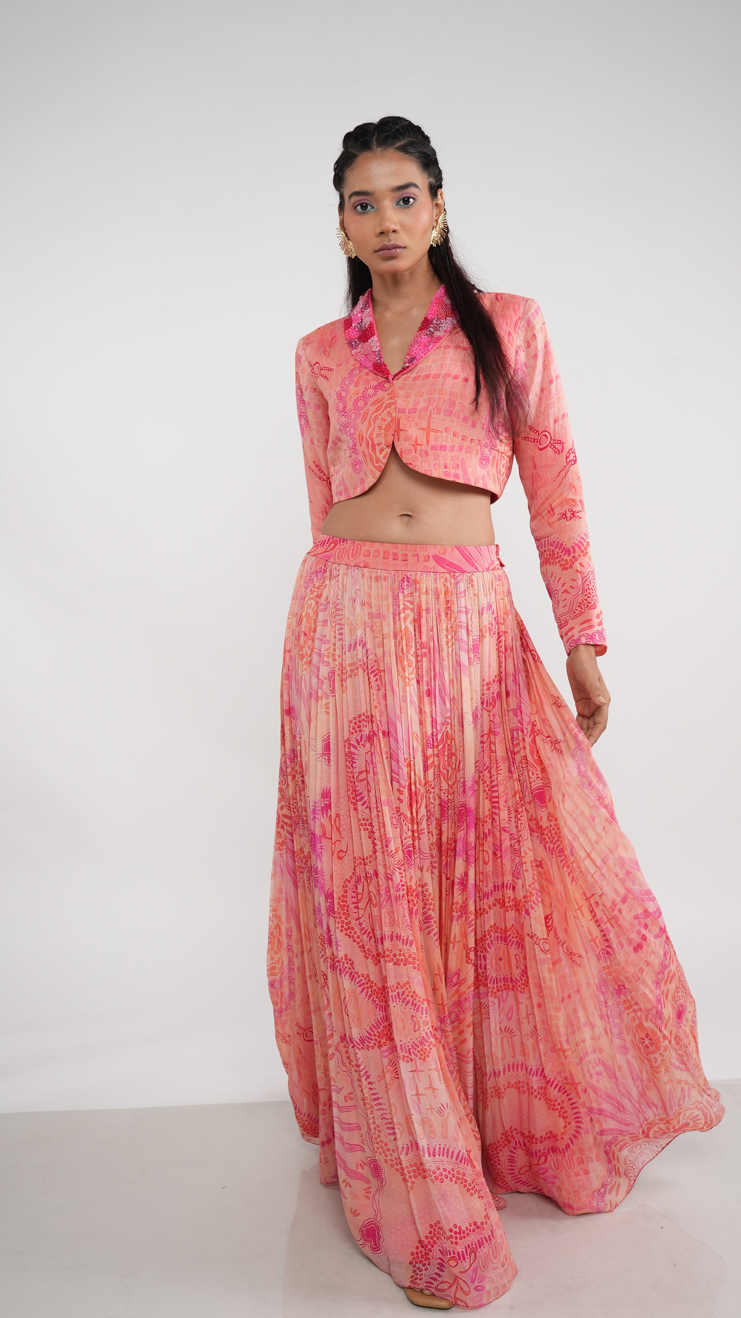 Ethereal Pink Coral Organza Juvela Crop Jacket & Pleated Skirt Set