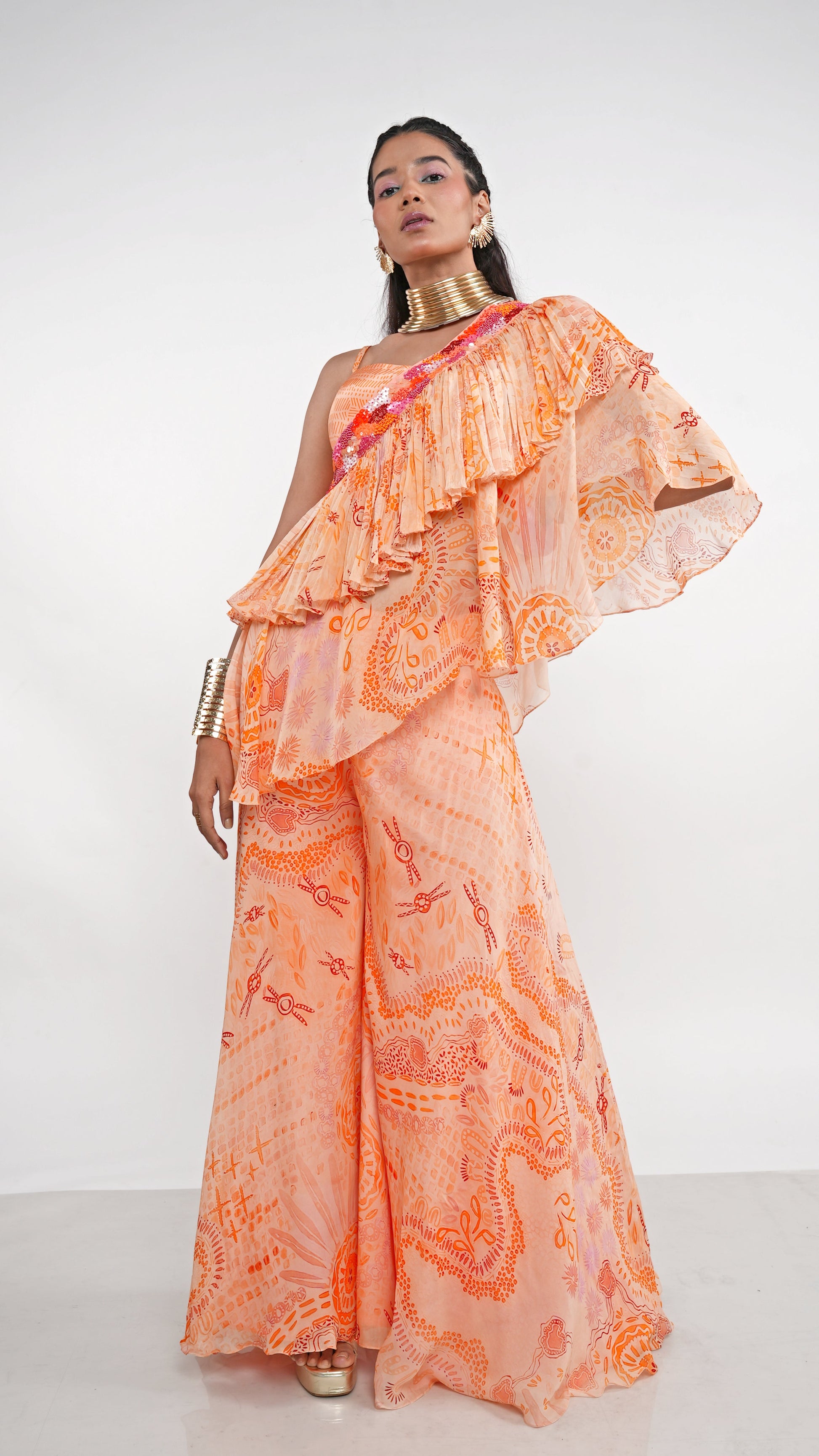 Bohemian Orange Organza Inara Overlayer Bustier & Sharara Set