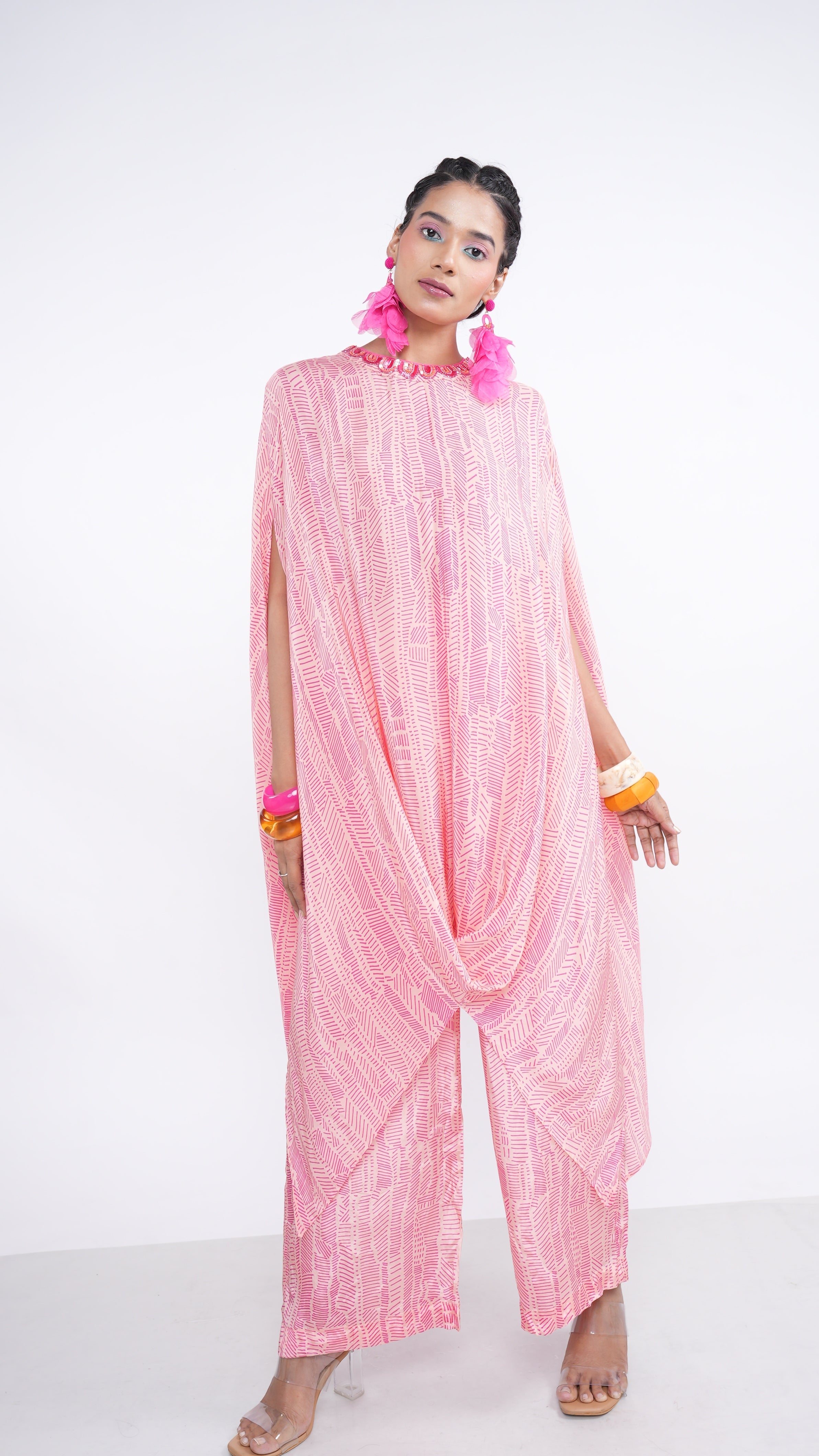 Chic Pink Crepe Eirian Cowl Kurta & Wide Leg Pants Set