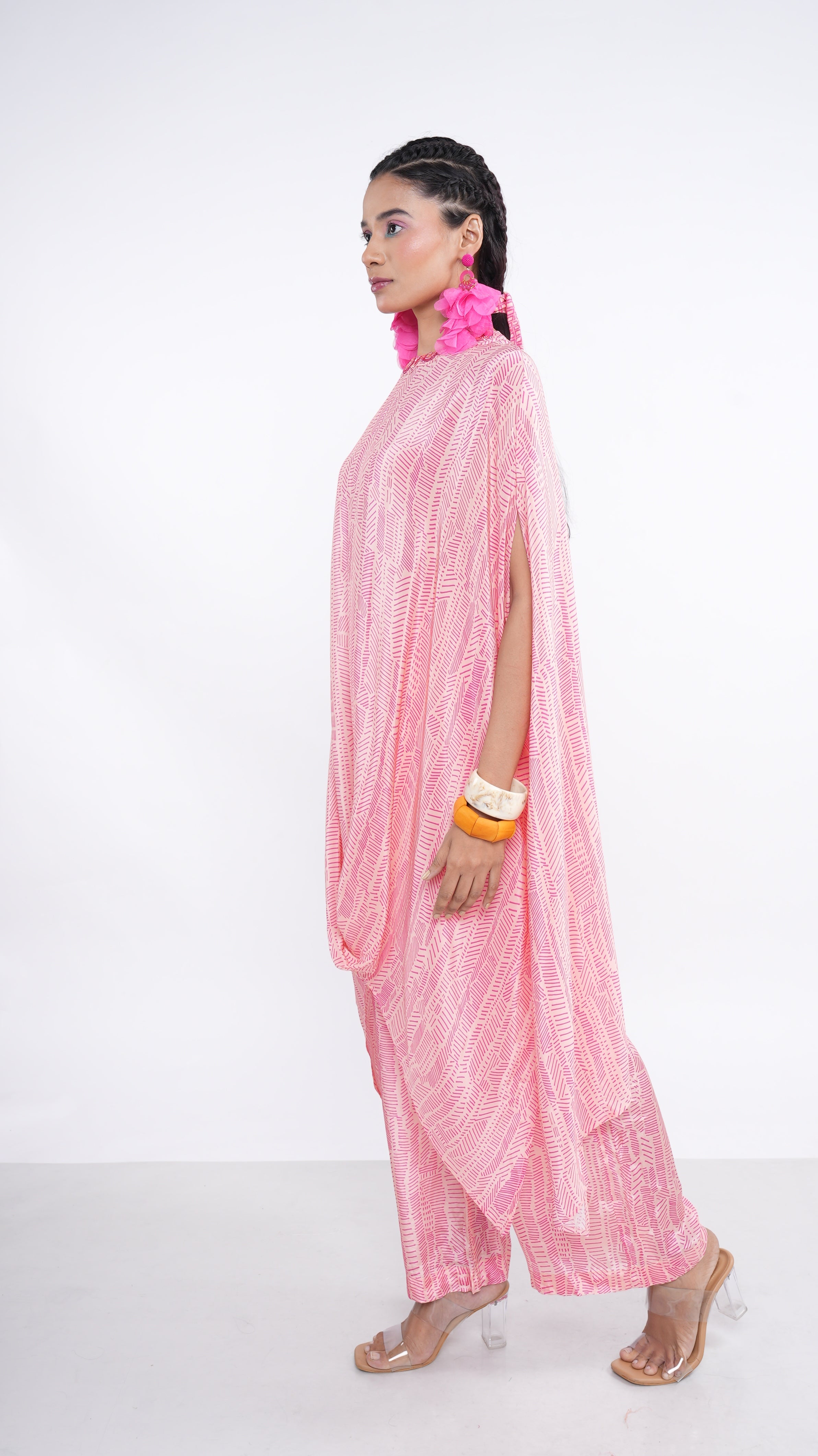 Chic Pink Crepe Eirian Cowl Kurta & Wide Leg Pants Set