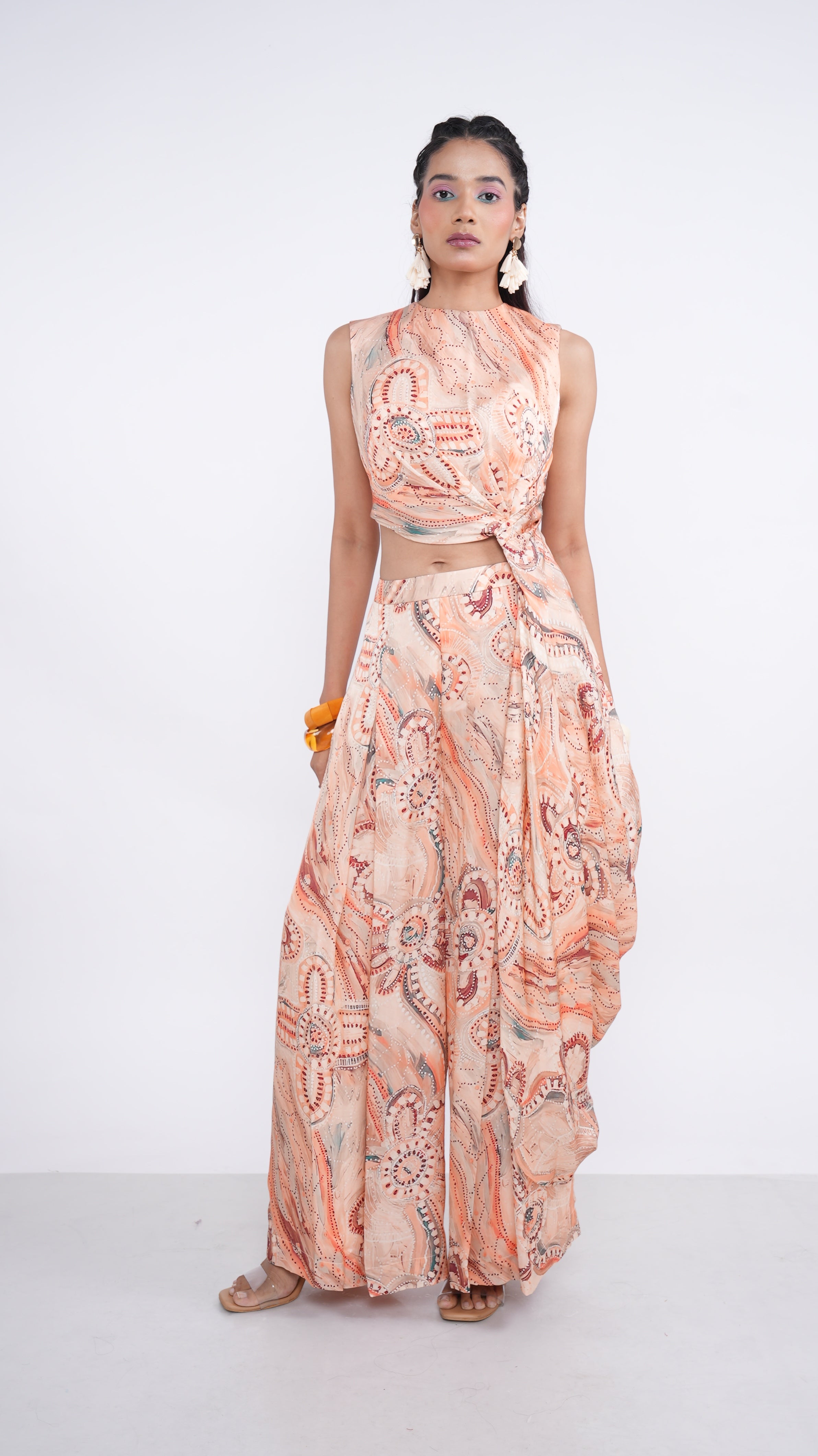 Contemporary Peach Meluna One Side Drape Kurta & Pleated Pants Set