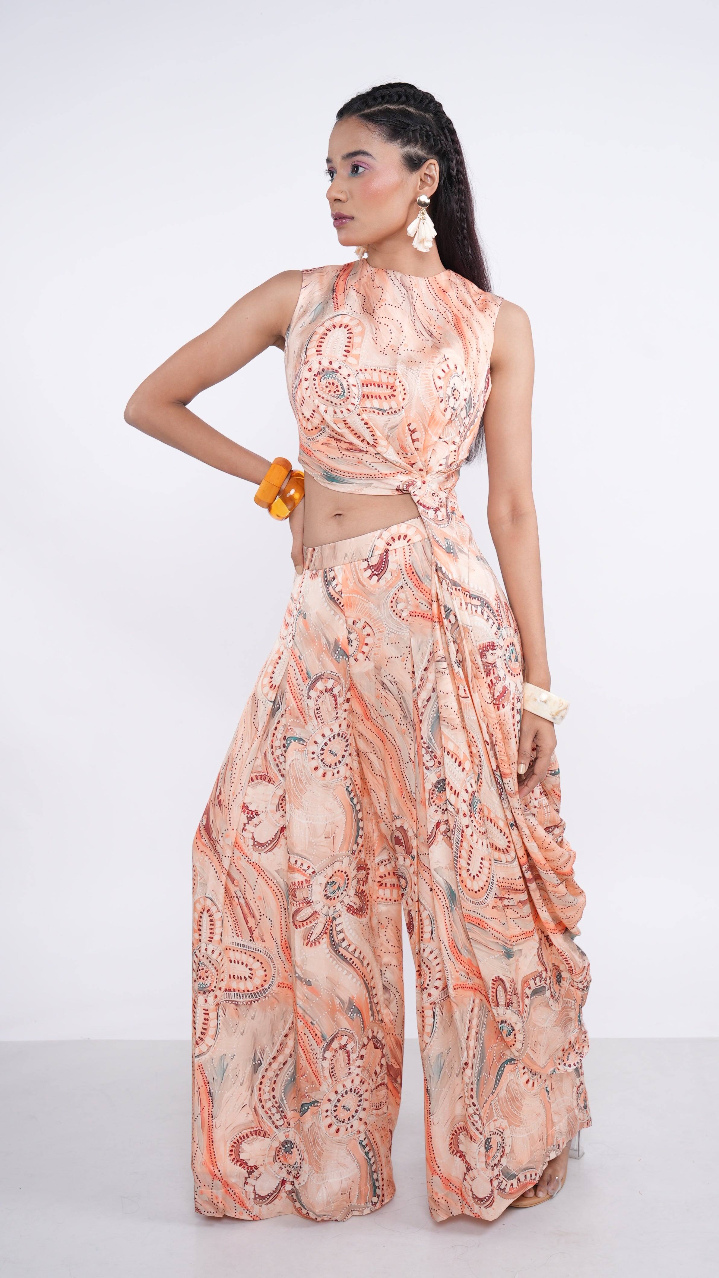 Contemporary Peach Meluna One Side Drape Kurta & Pleated Pants Set