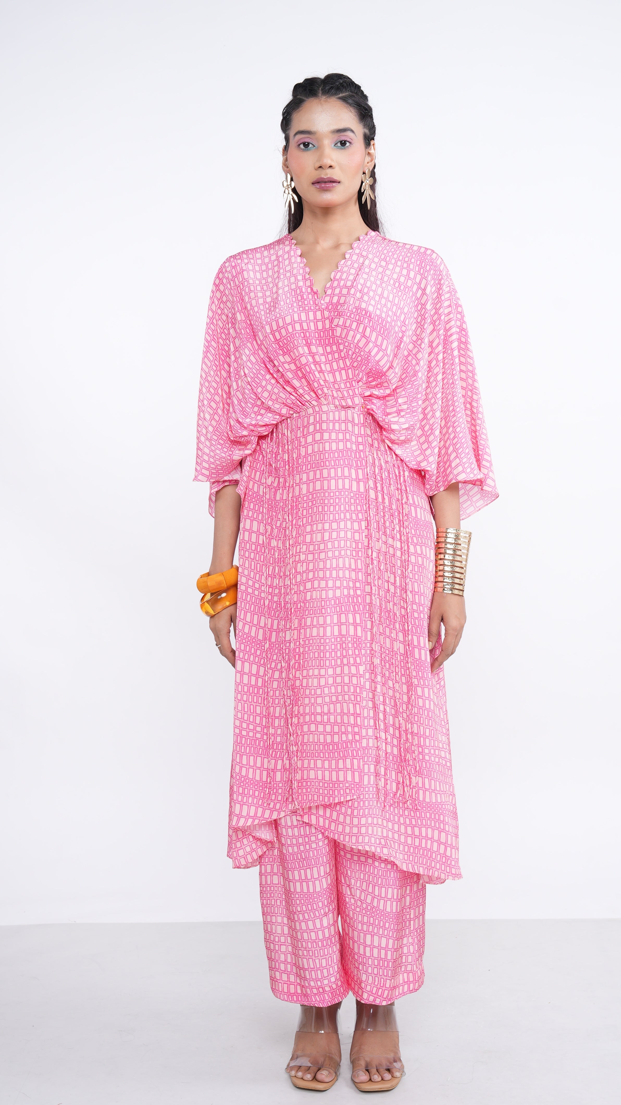 Chic Pink Crepe Rhea Kaftan Kurta & Straight Pants Set