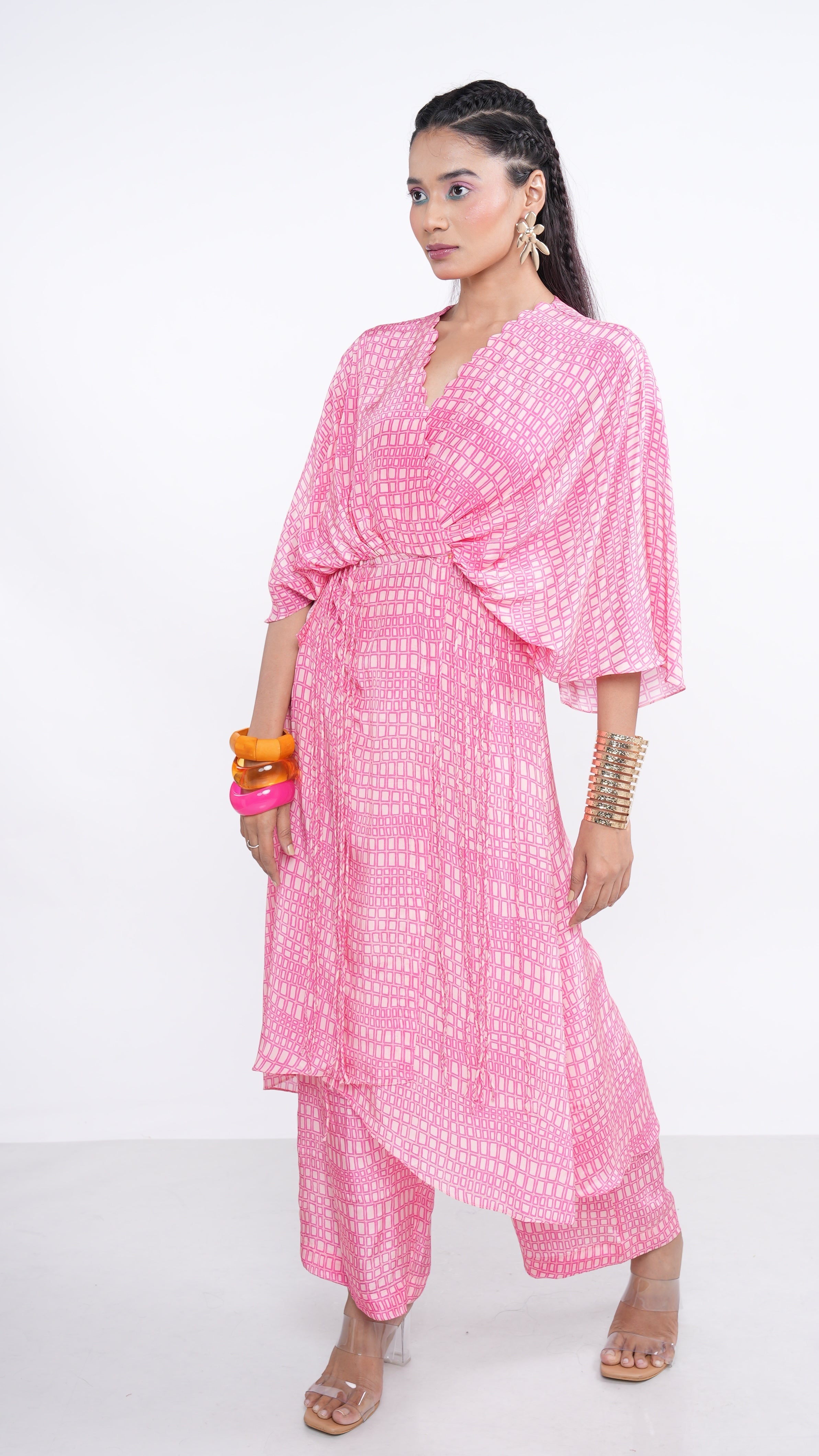 Chic Pink Crepe Rhea Kaftan Kurta & Straight Pants Set