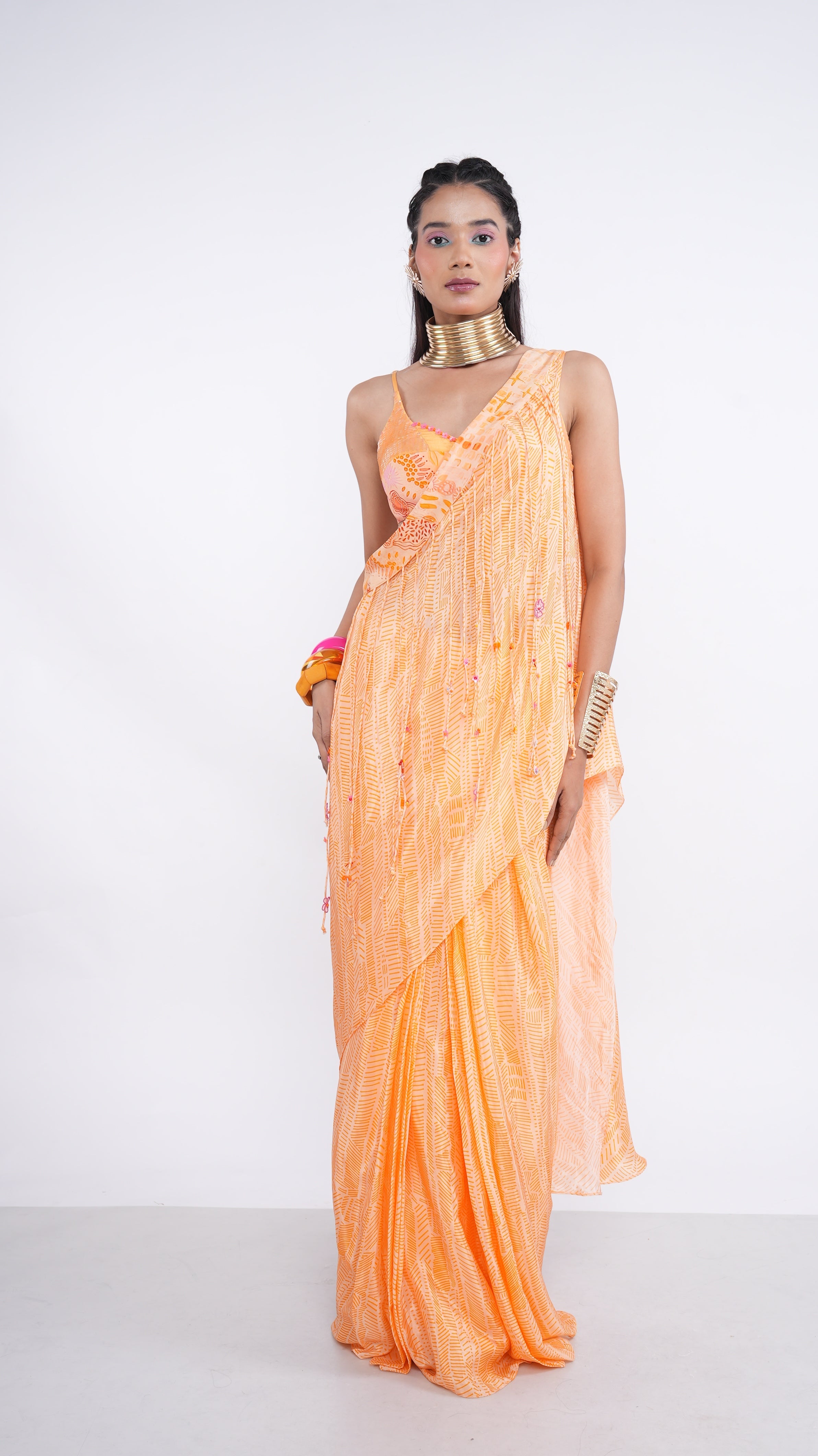 Festive Orange Peach Crepe Organza Nellie Drape Saree & Bralette