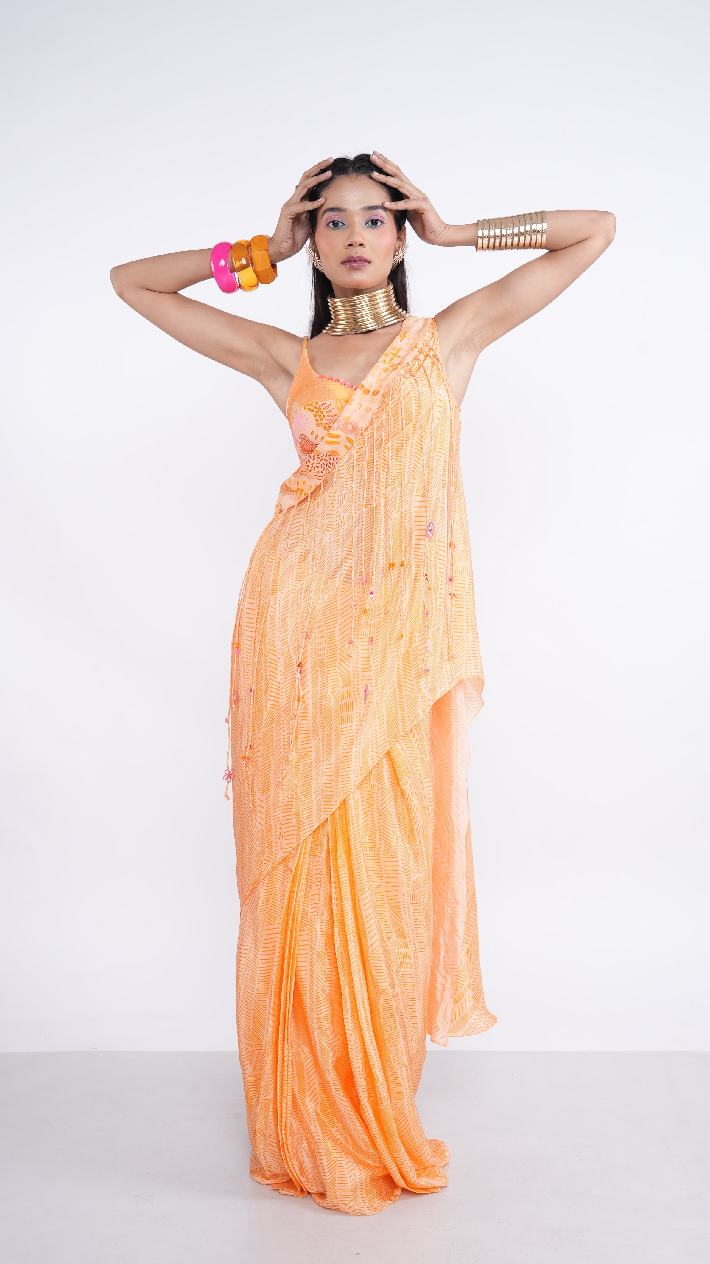 Festive Orange Peach Crepe Organza Nellie Drape Saree & Bralette