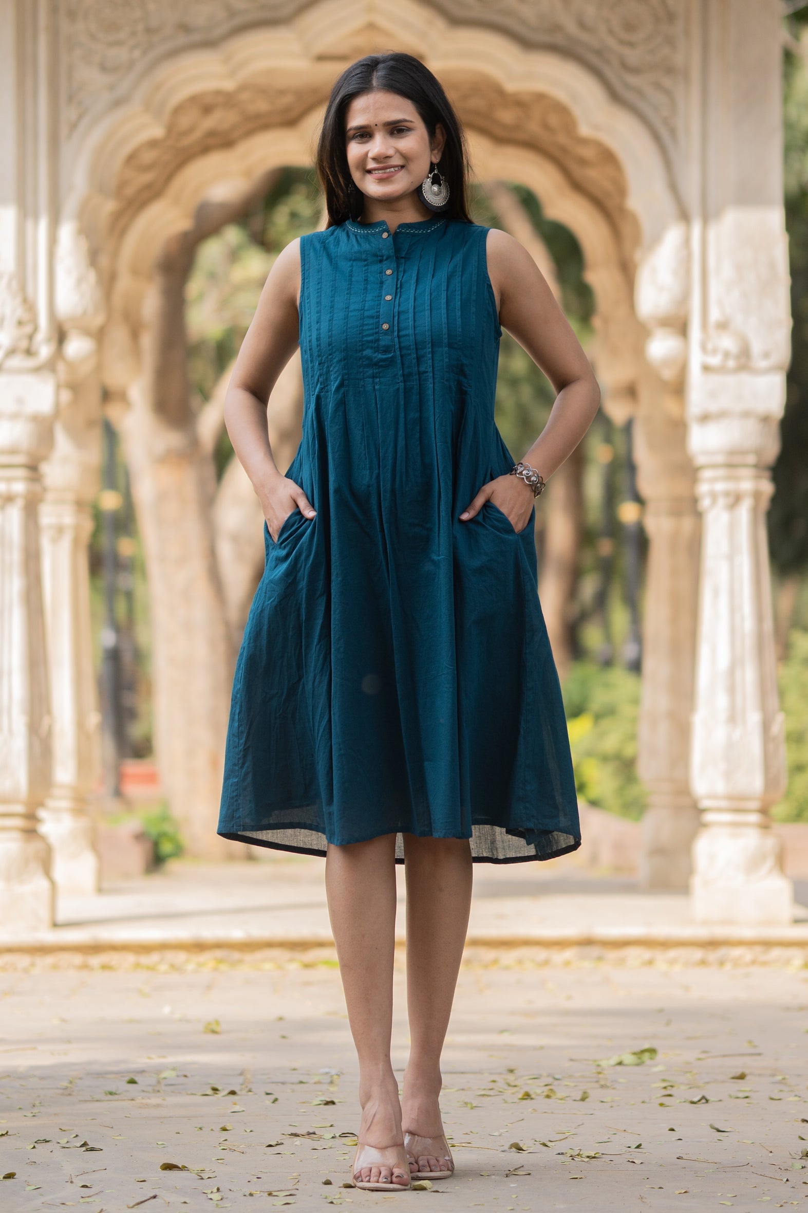 Sea Blue Solid Cotton Knee Length Dress - Collar Neck